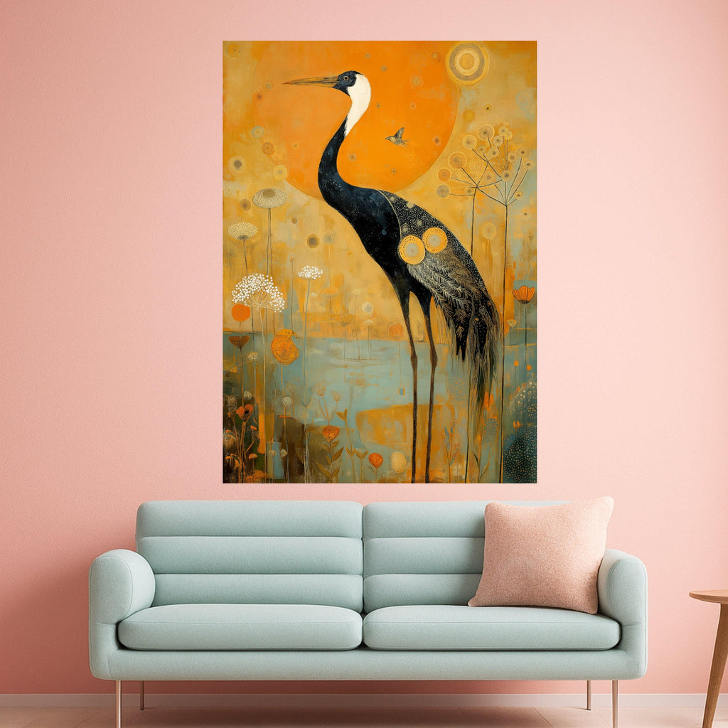 Elegant Crane Bird Canvas Wall Art, Abstract Nature Painting, Golden Orange Floral Background, Wildlife Home Décor, Ready to Hang Canvas