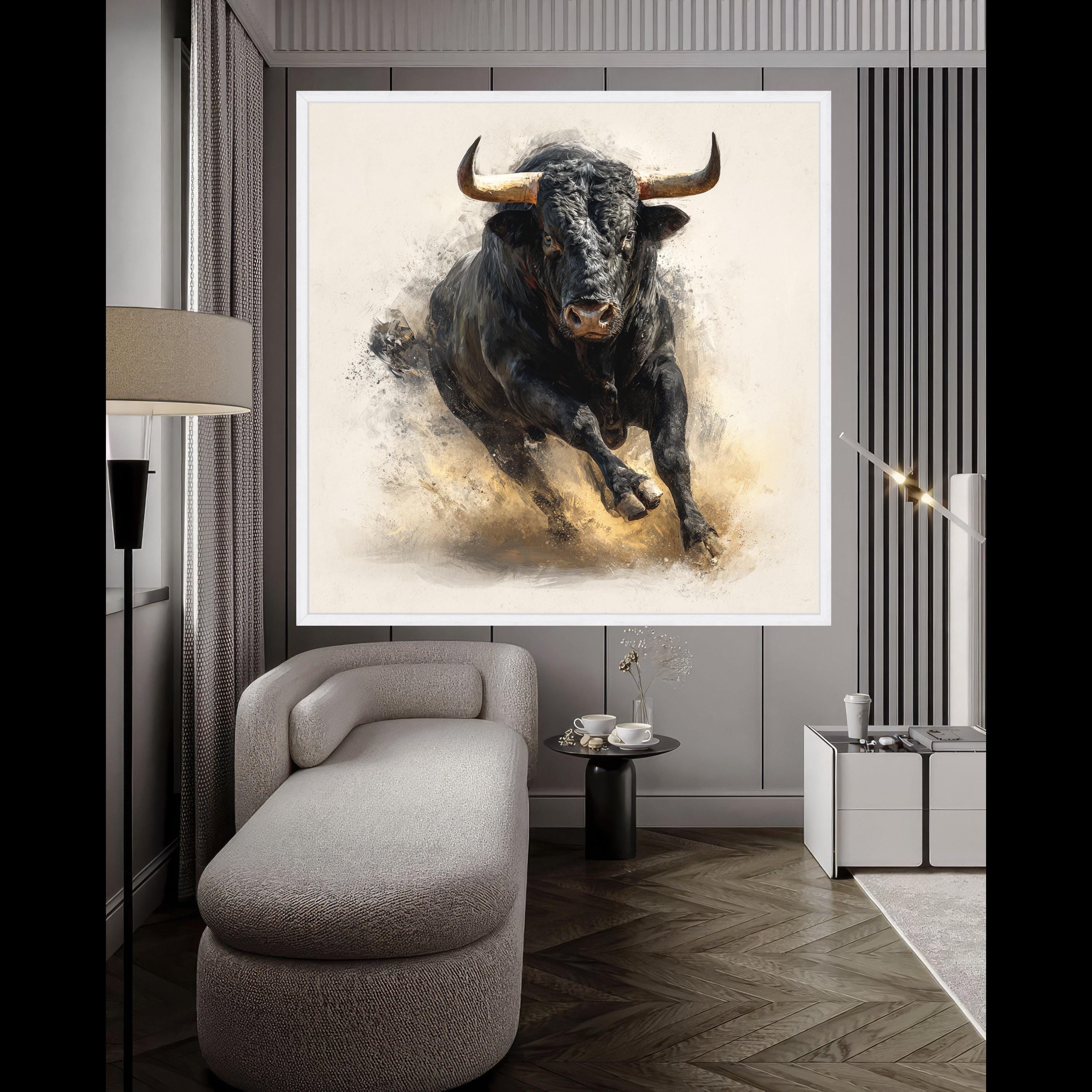 Charging Bull Canvas Wall Art, Powerful Black Bull Painting, Rustic Animal Art, Farmhouse Decor, Dynamic Wildlife Canvas, Ready to Hang