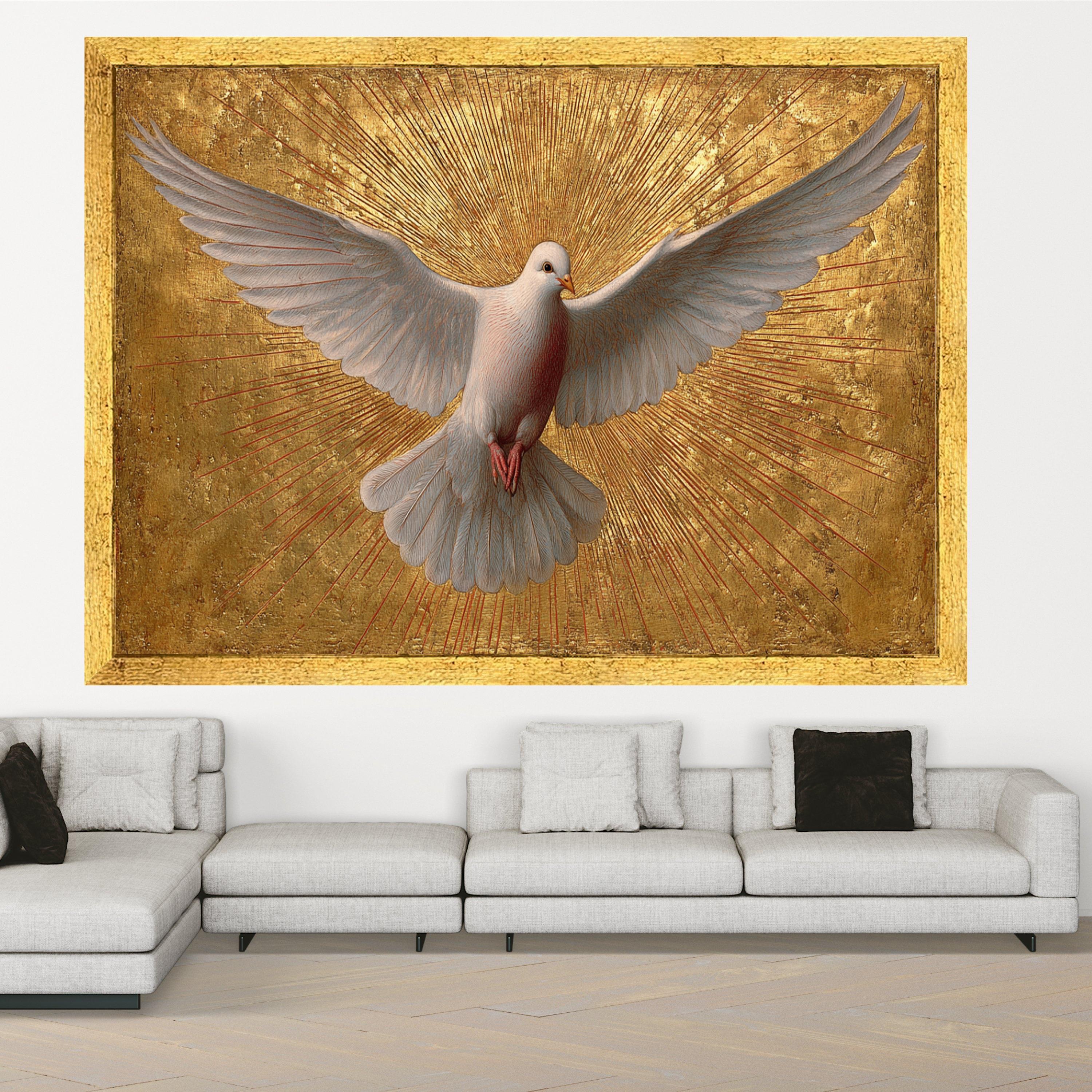 White Dove in Flight Canvas Wall Art, Golden Rays Background, Spiritual Bird Painting, Symbol of Peace, Inspirational Home Decor