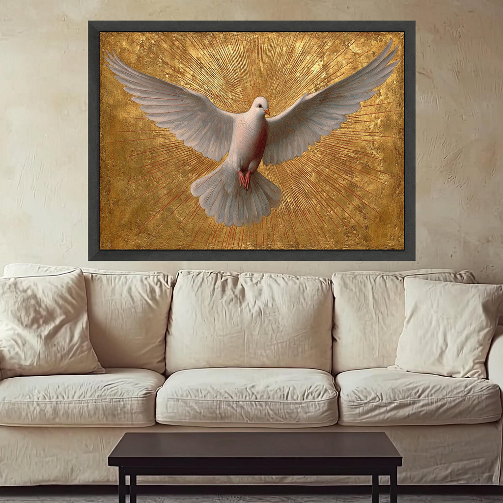 White Dove in Flight Canvas Wall Art, Golden Rays Background, Spiritual Bird Painting, Symbol of Peace, Inspirational Home Decor