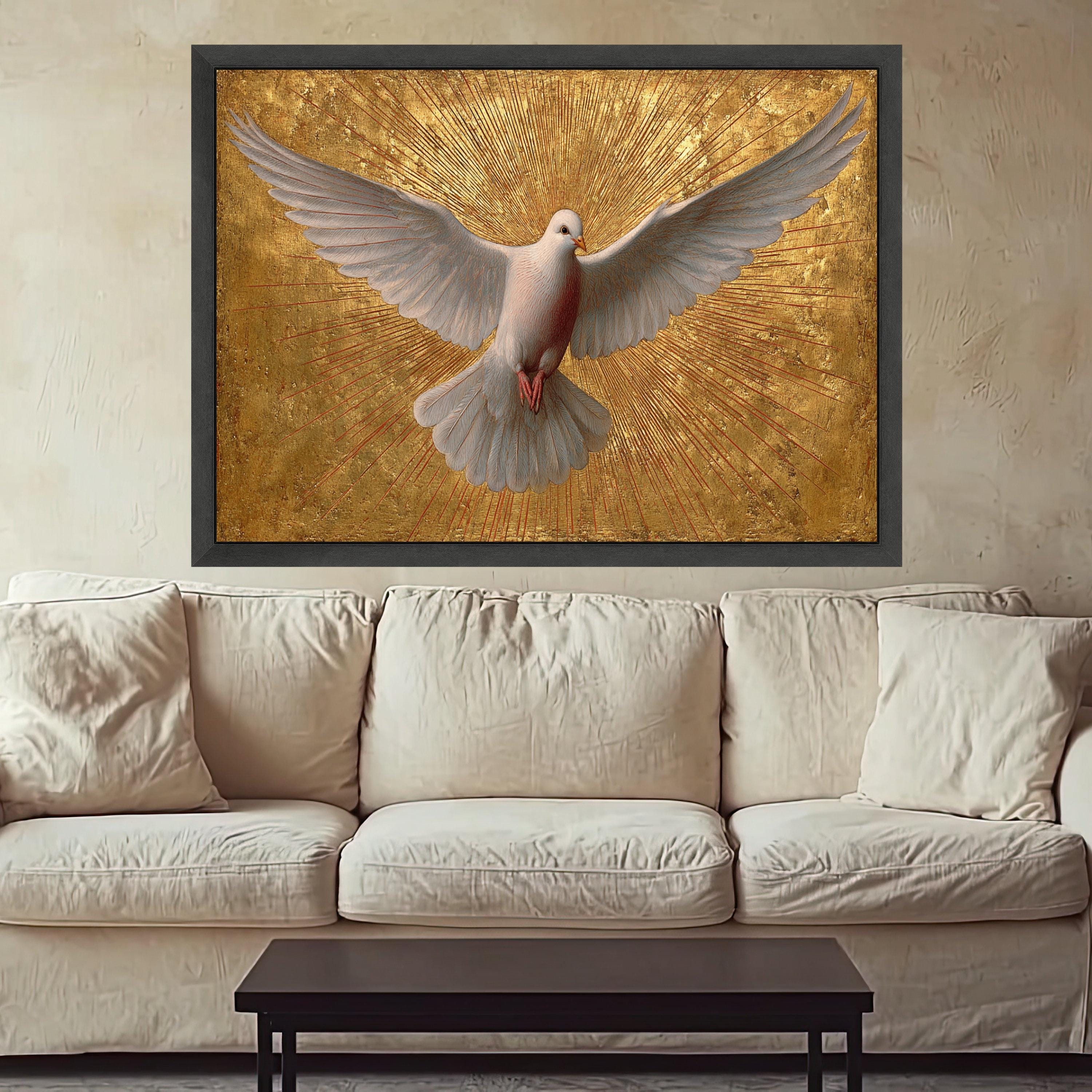 White Dove in Flight Canvas Wall Art, Golden Rays Background, Spiritual Bird Painting, Symbol of Peace, Inspirational Home Decor