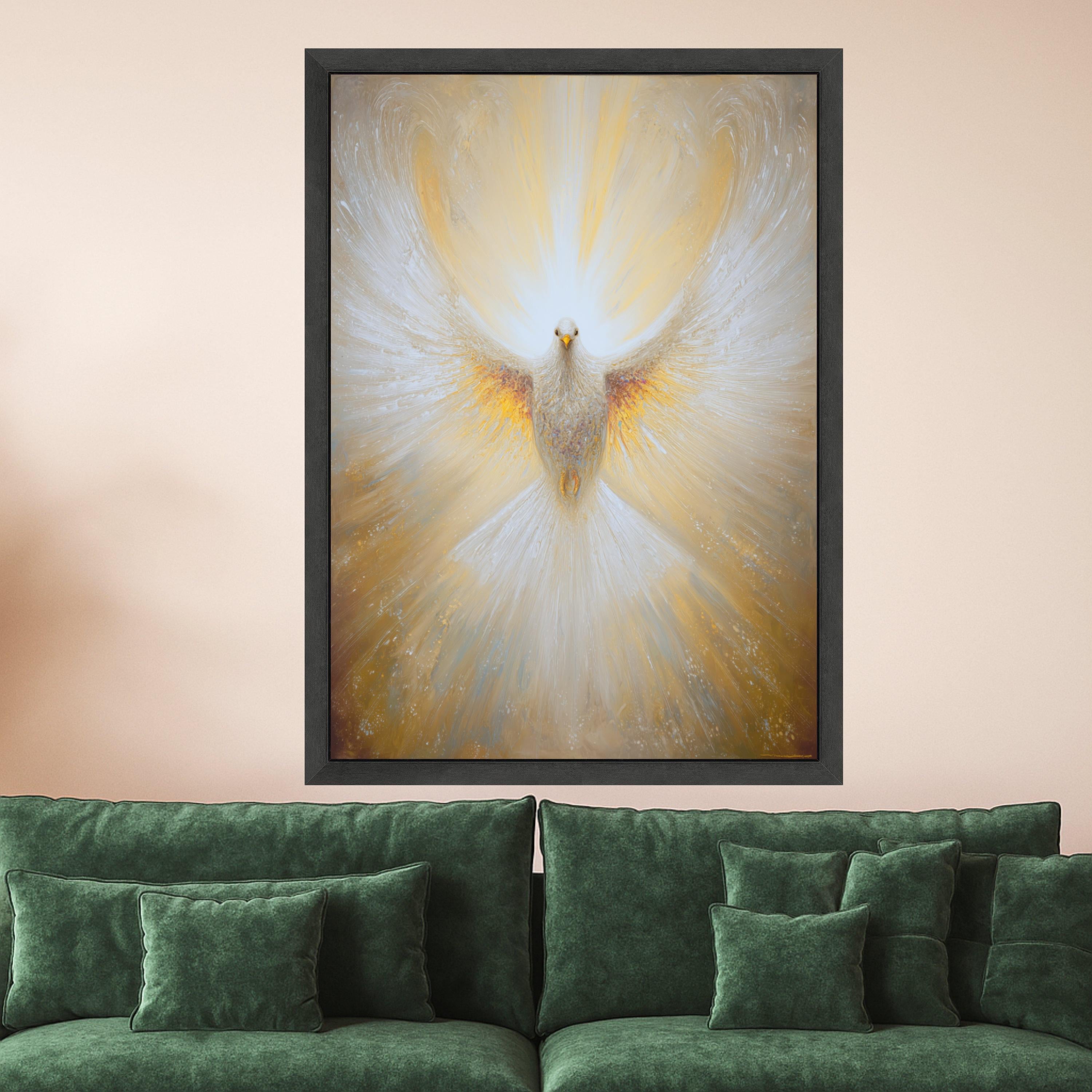 Radiant Dove Canvas Wall Art, Spiritual Bird Painting, White and Gold Wings, Abstract Peaceful Home Decor, Inspirational Wall Hanging