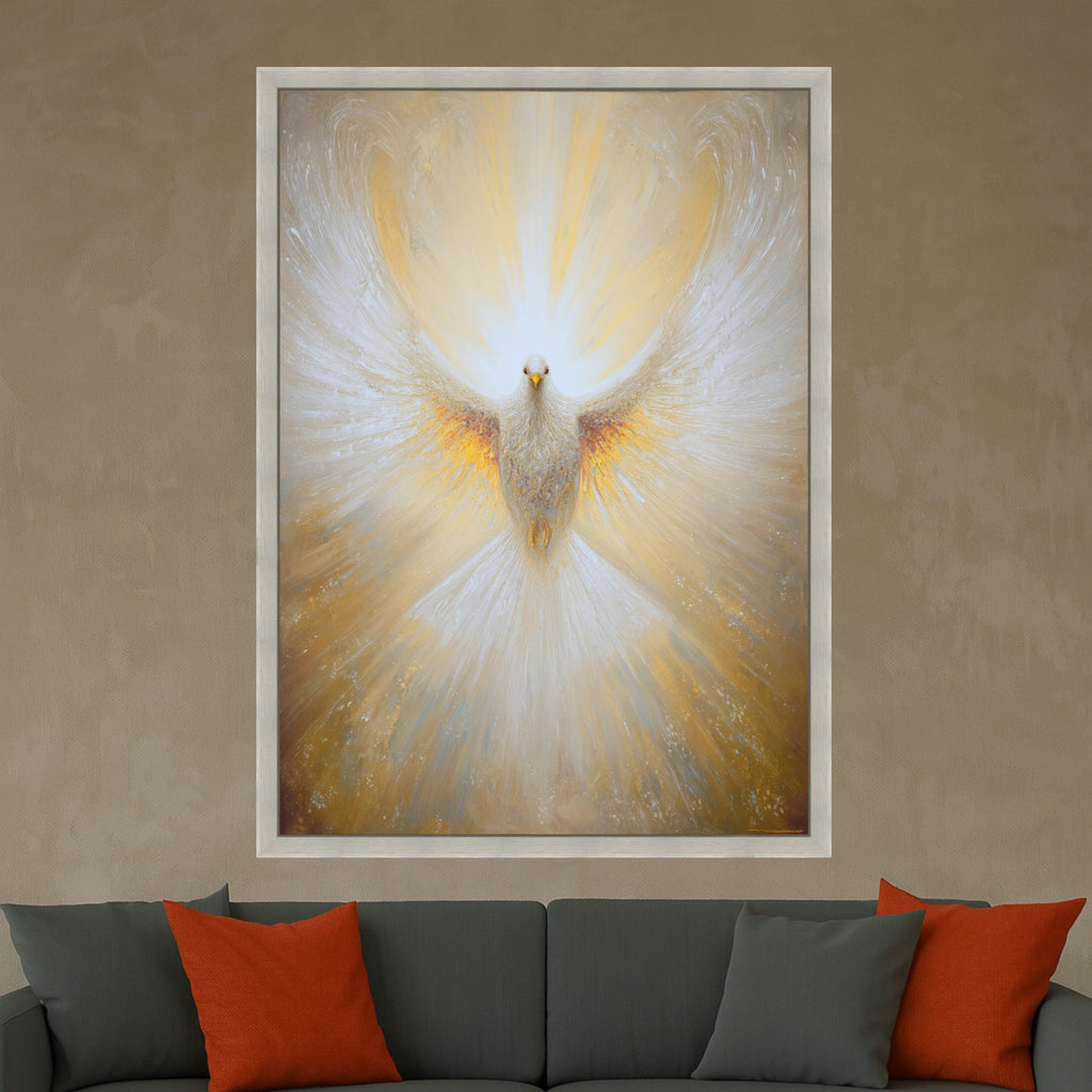 Radiant Dove Canvas Wall Art, Spiritual Bird Painting, White and Gold Wings, Abstract Peaceful Home Decor, Inspirational Wall Hanging