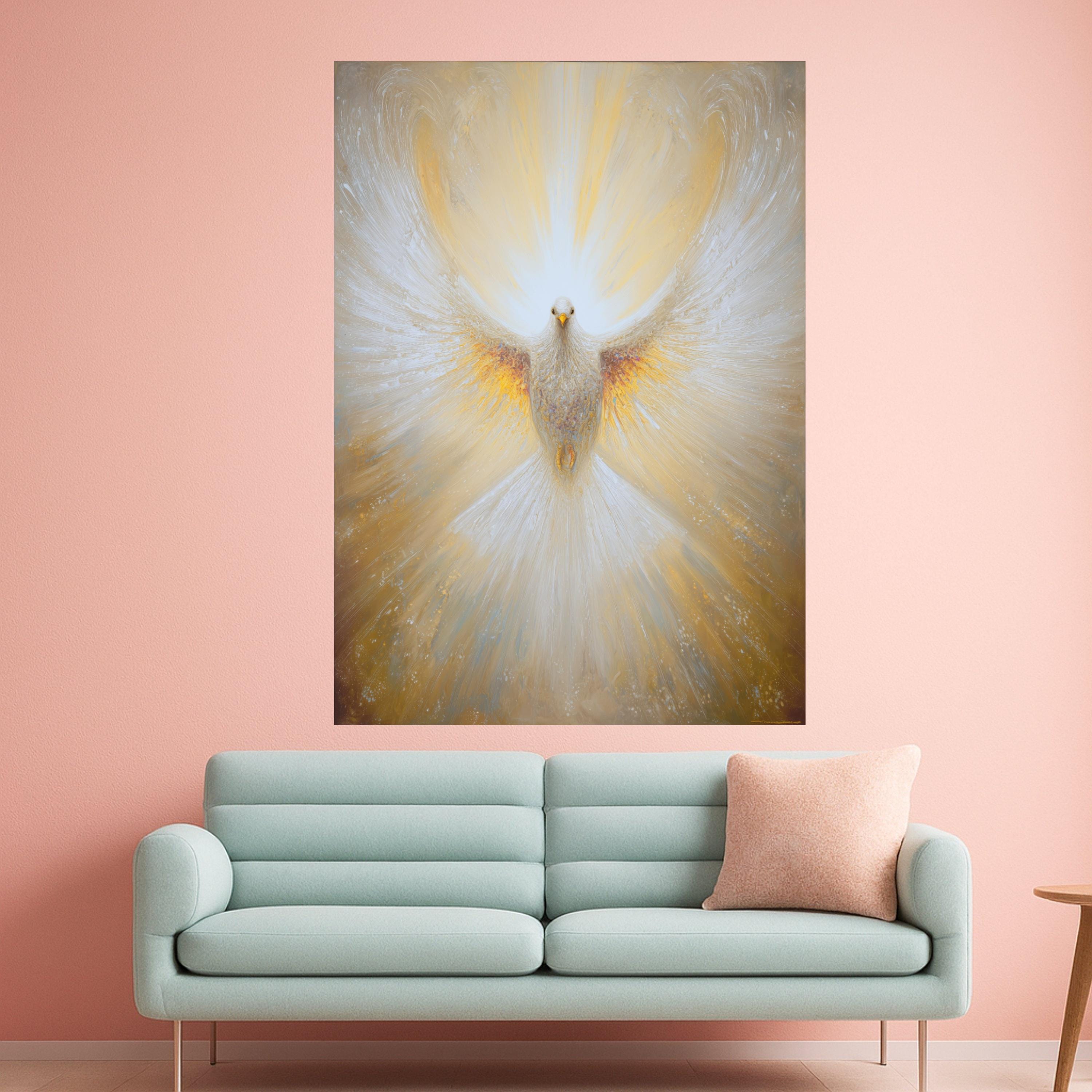 Radiant Dove Canvas Wall Art, Spiritual Bird Painting, White and Gold Wings, Abstract Peaceful Home Decor, Inspirational Wall Hanging