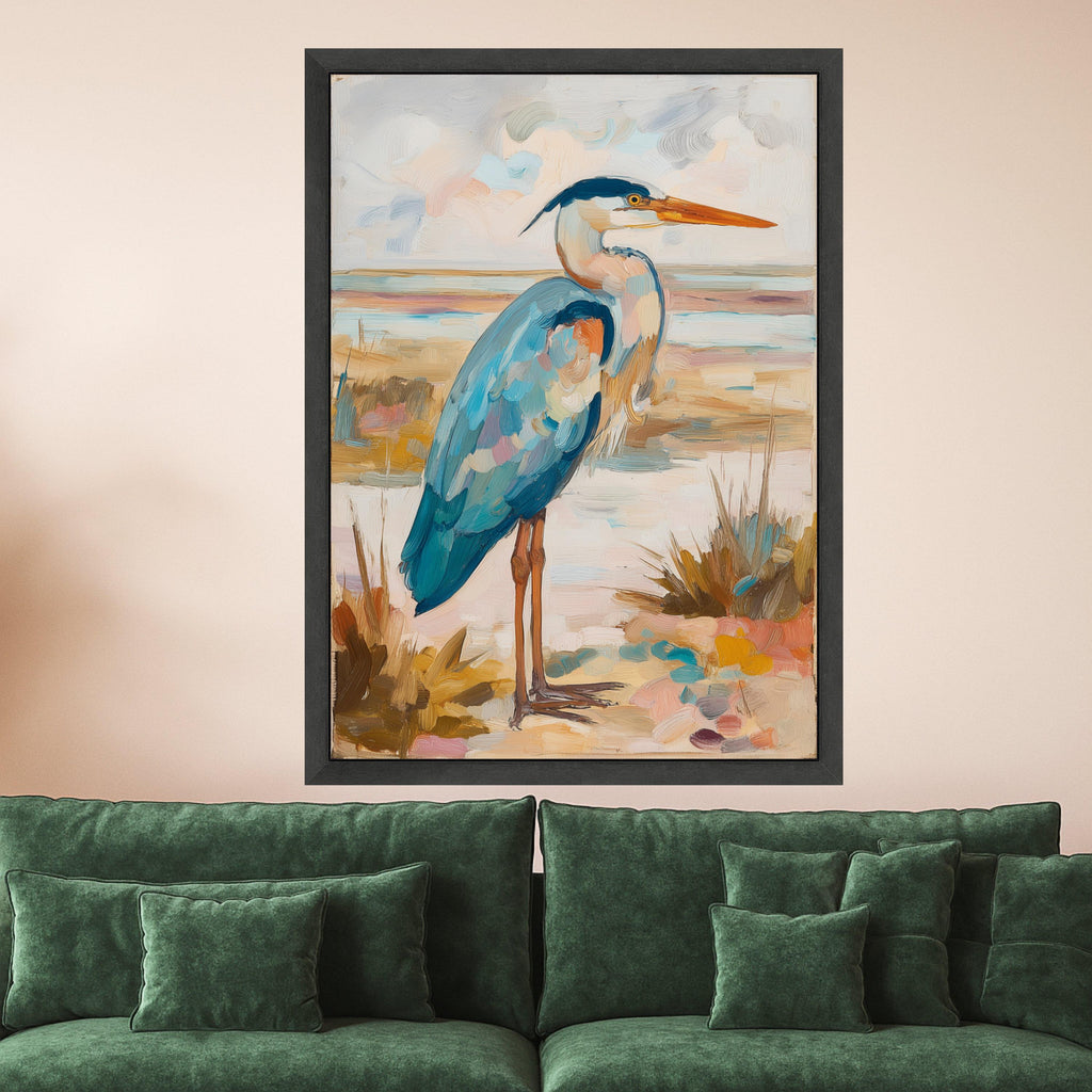 Blue Heron Painting Canvas Wall Art, Coastal Bird Illustration, Nature Wildlife Decor, Landscape Canvas, Ready to Hang Home Decoration