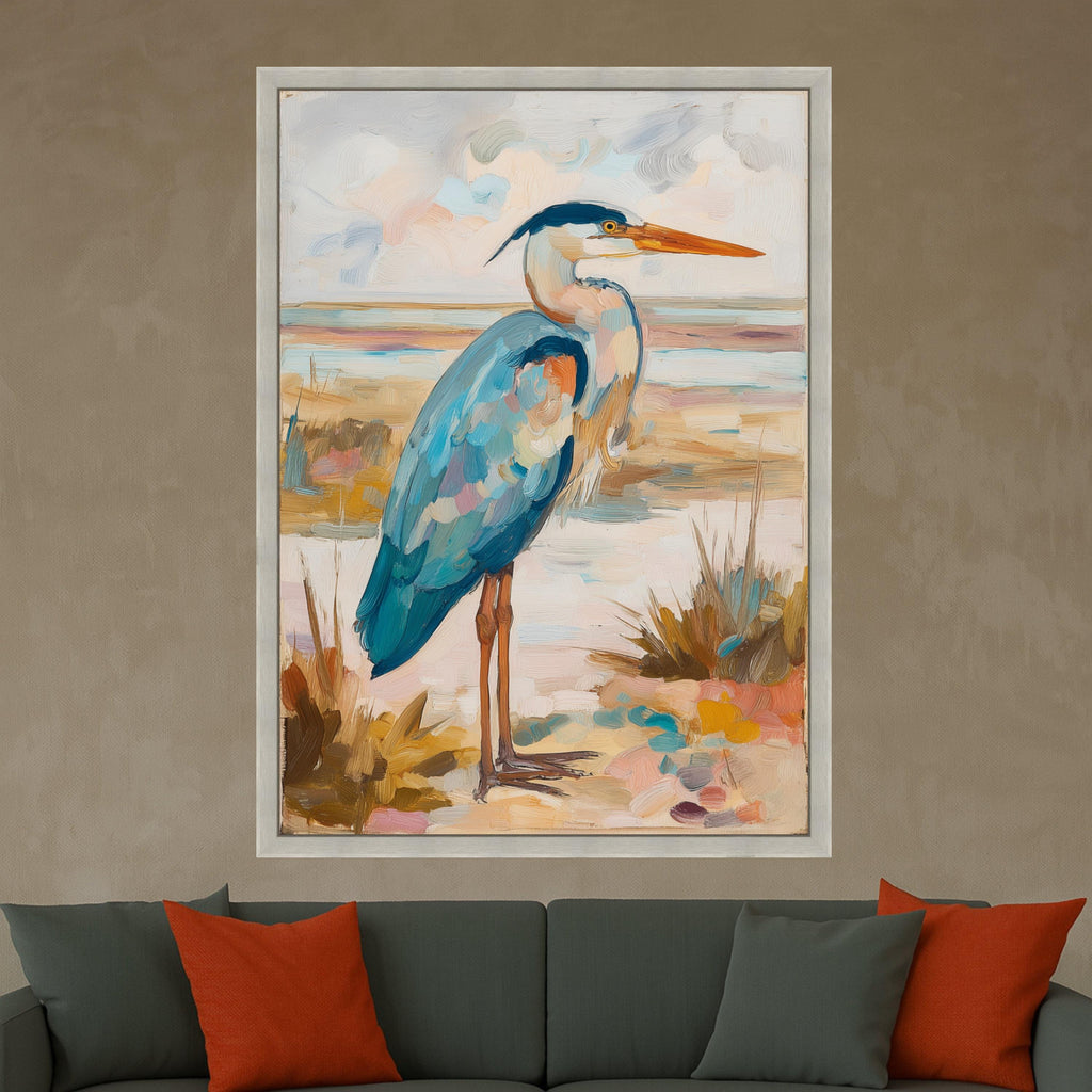 Blue Heron Painting Canvas Wall Art, Coastal Bird Illustration, Nature Wildlife Decor, Landscape Canvas, Ready to Hang Home Decoration