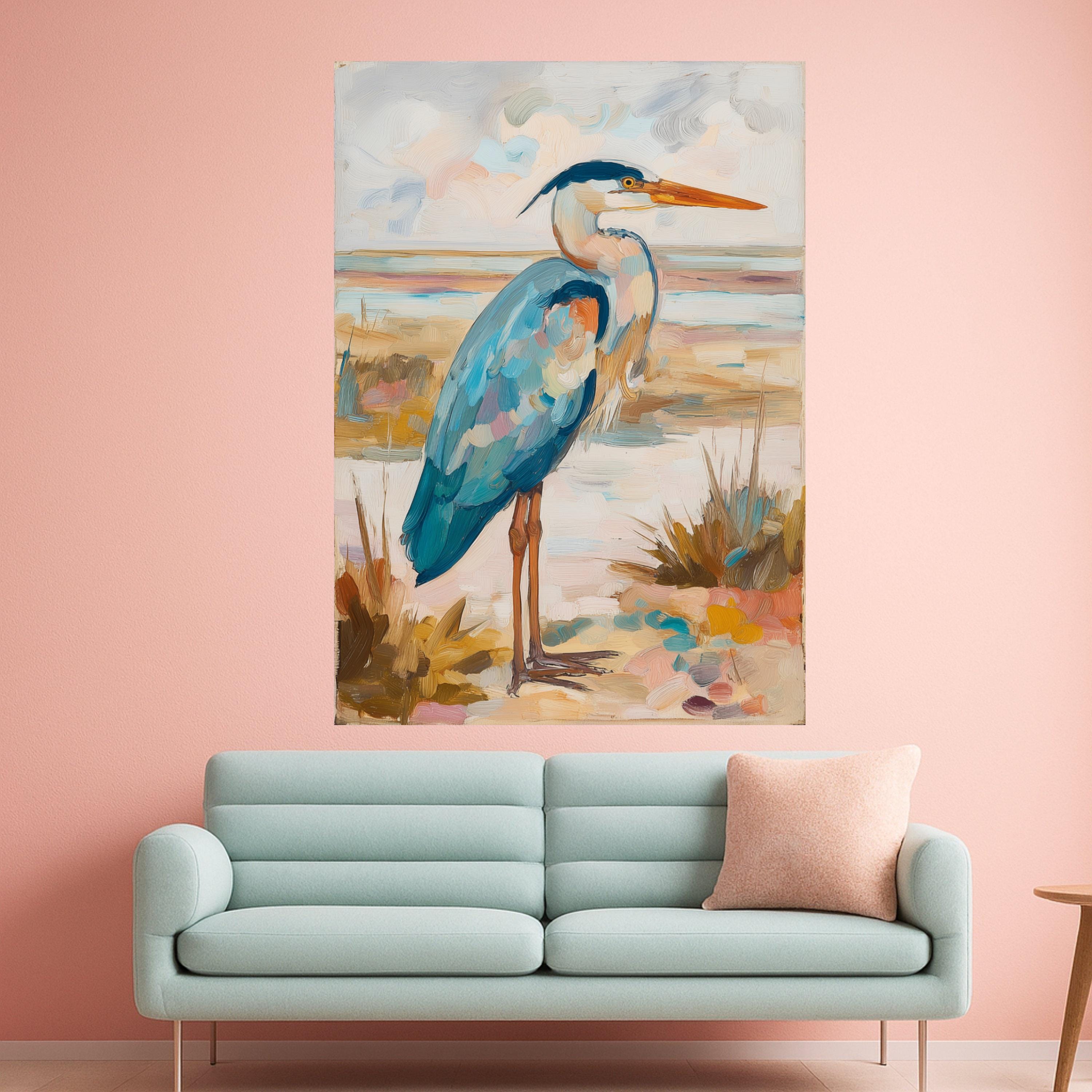 Blue Heron Painting Canvas Wall Art, Coastal Bird Illustration, Nature Wildlife Decor, Landscape Canvas, Ready to Hang Home Decoration
