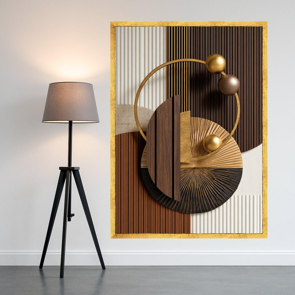 Modern Geometric Abstract Canvas, Metallic Gold and Wood Wall Art, Circle Design, Contemporary Home Decor, Ready to Hang Canvas