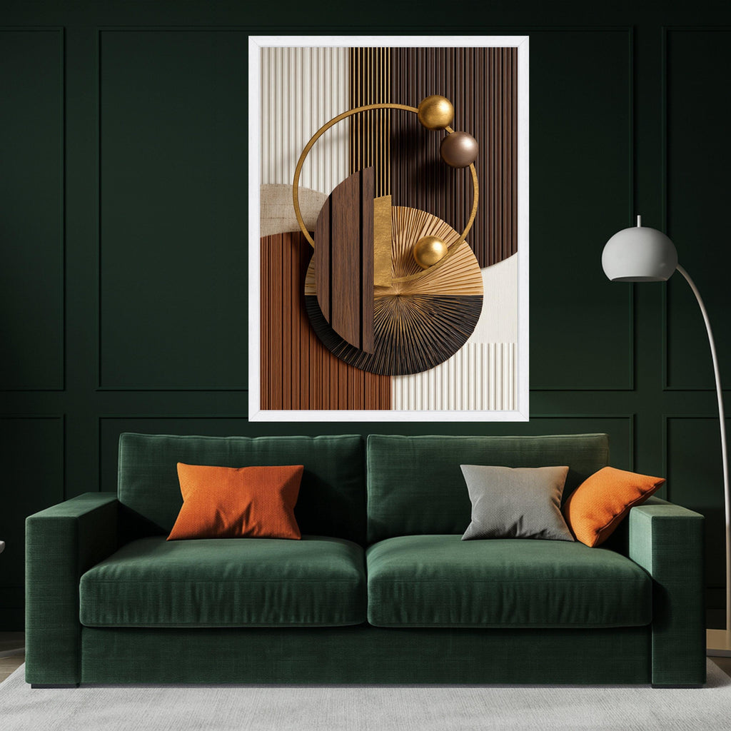 Modern Geometric Abstract Canvas, Metallic Gold and Wood Wall Art, Circle Design, Contemporary Home Decor, Ready to Hang Canvas