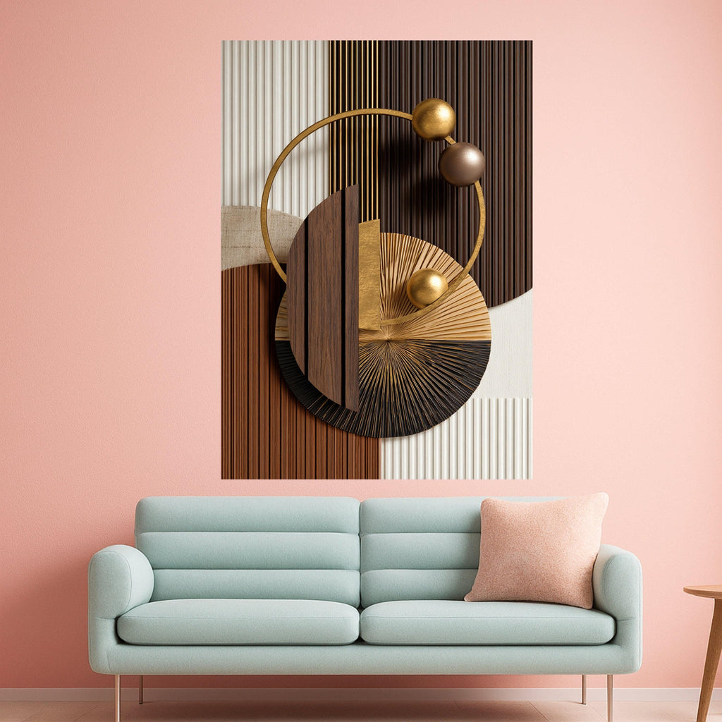 Modern Geometric Abstract Canvas, Metallic Gold and Wood Wall Art, Circle Design, Contemporary Home Decor, Ready to Hang Canvas