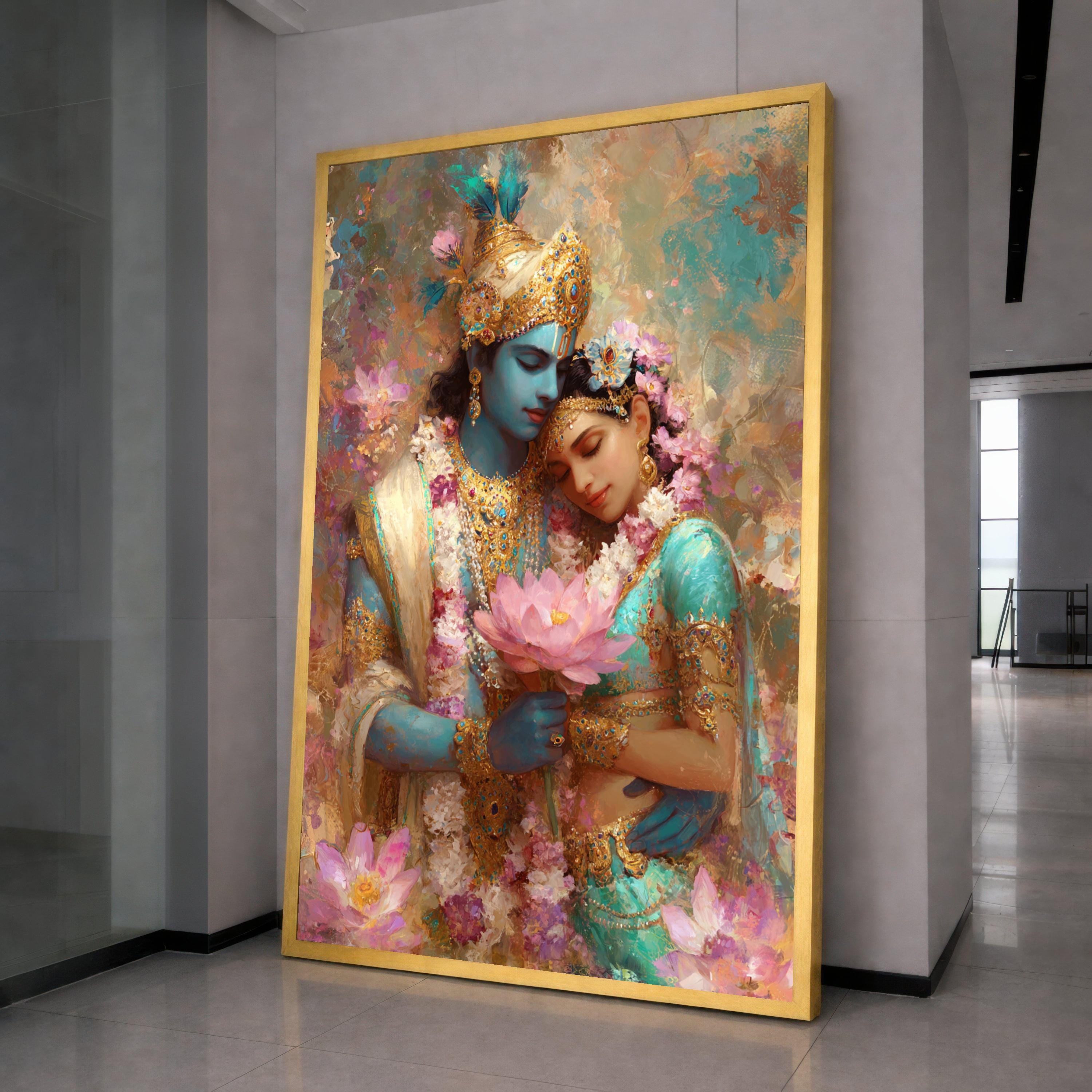 Krishna and Radha Divine Love Canvas, Hindu Mythology Wall Art, Indian Spiritual Decor, Romantic Couple Painting, Floral Lotus Canvas