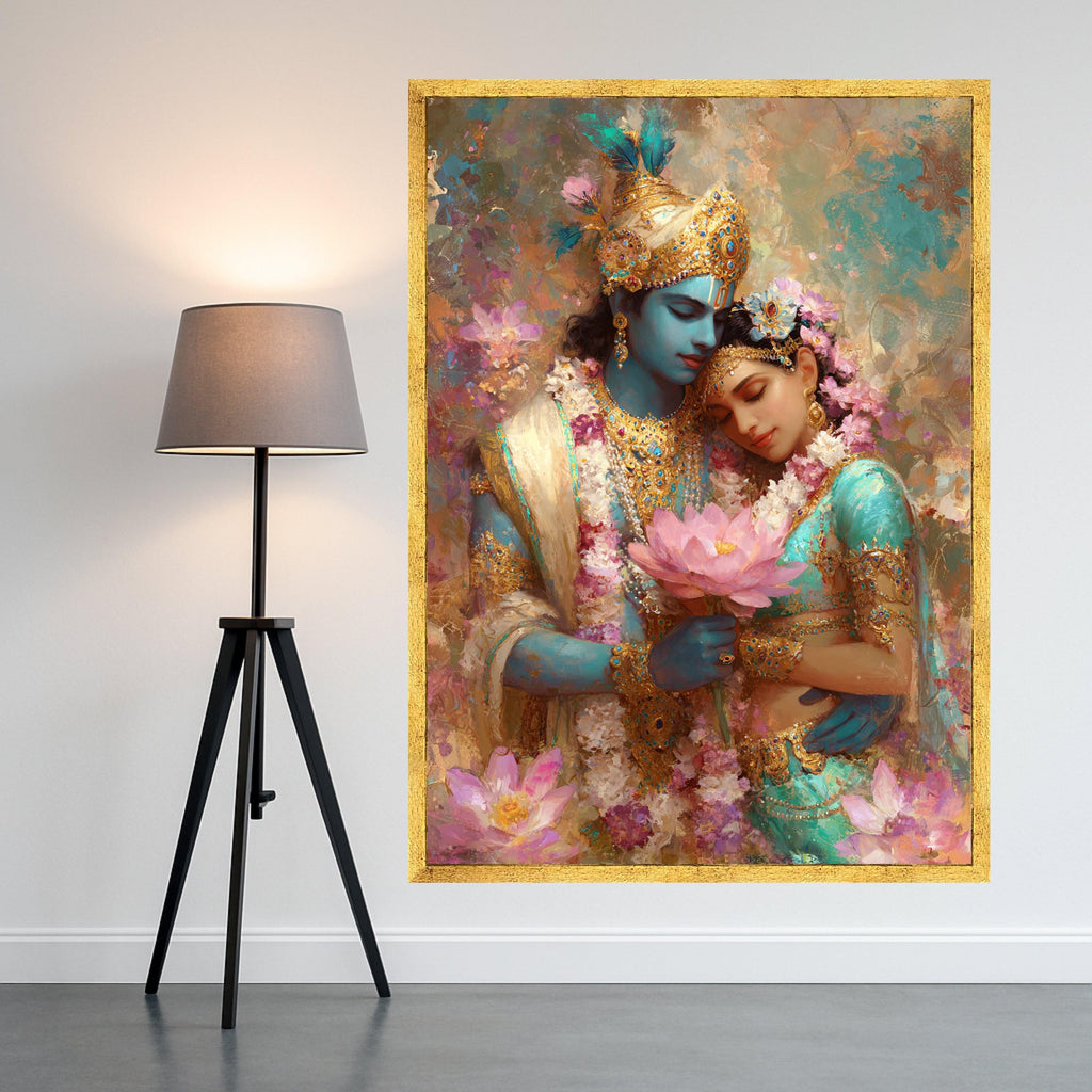 Krishna and Radha Divine Love Canvas, Hindu Mythology Wall Art, Indian Spiritual Decor, Romantic Couple Painting, Floral Lotus Canvas