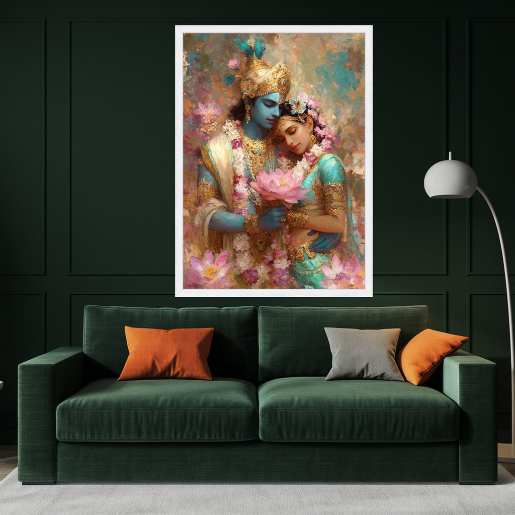 Krishna and Radha Divine Love Canvas, Hindu Mythology Wall Art, Indian Spiritual Decor, Romantic Couple Painting, Floral Lotus Canvas