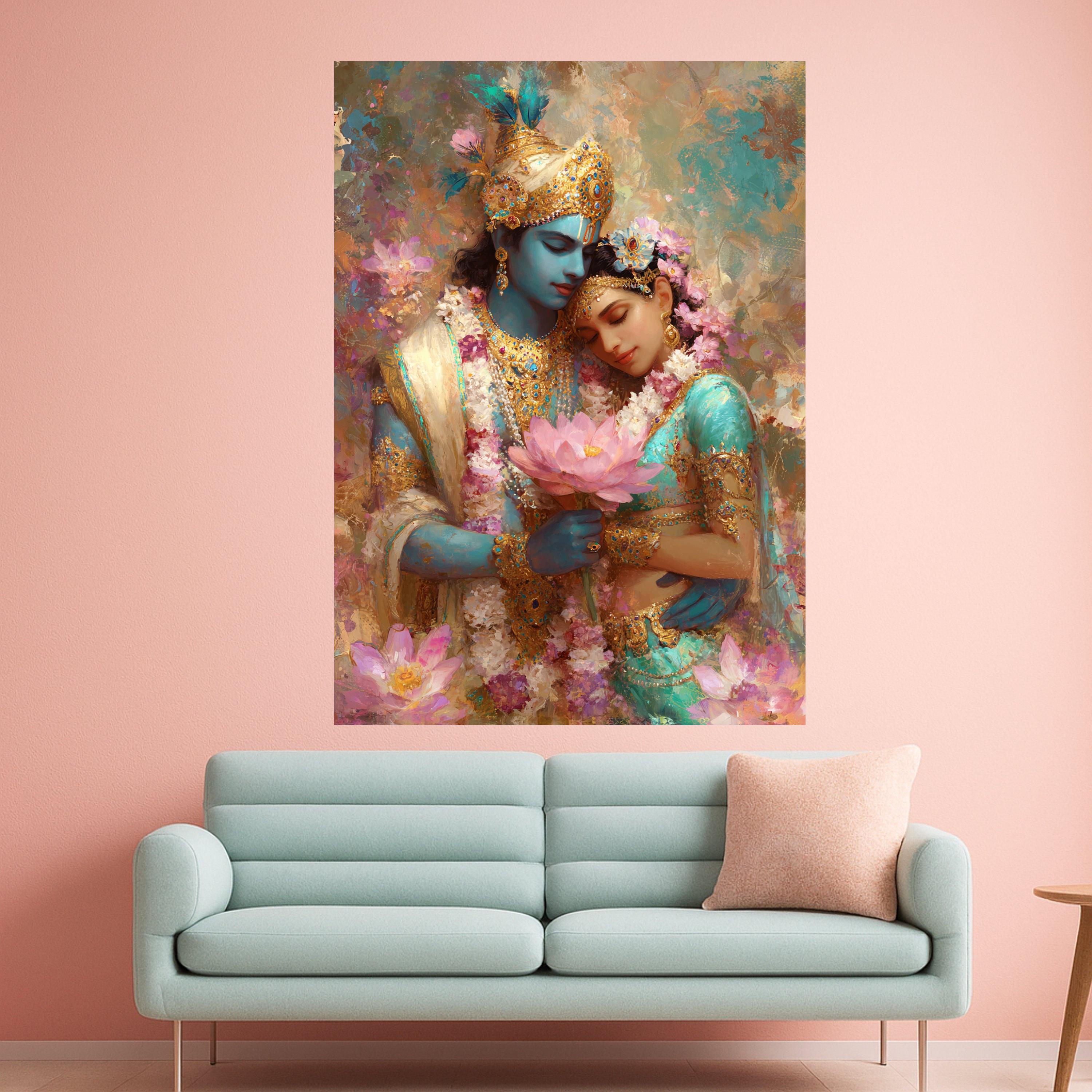 Krishna and Radha Divine Love Canvas, Hindu Mythology Wall Art, Indian Spiritual Decor, Romantic Couple Painting, Floral Lotus Canvas