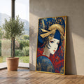 Elegant Geisha Portrait Canvas, Asian Art Wall Decor, Blue and Gold Japanese Style, Modern Oriental Canvas Wall Art, Home Decoration
