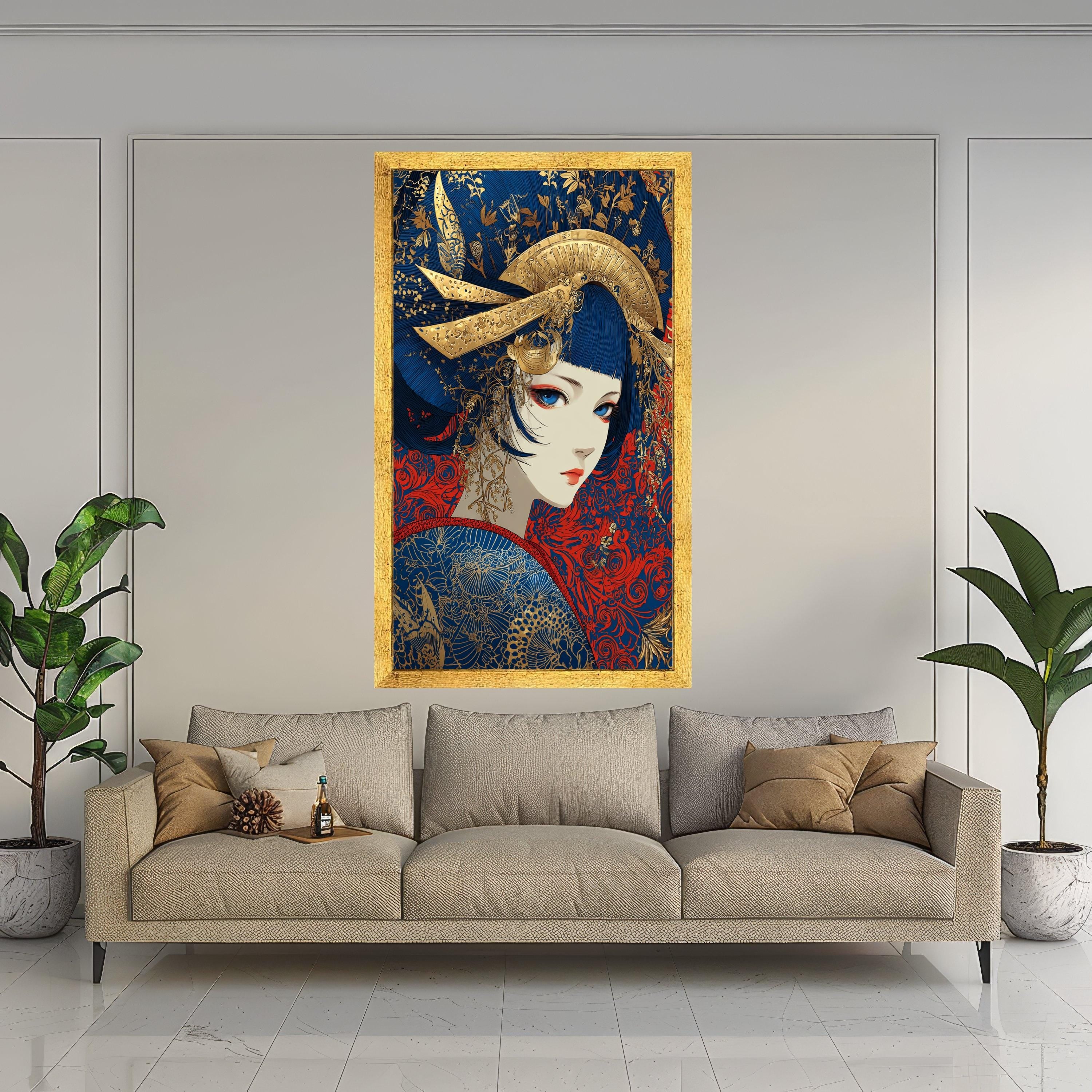 Elegant Geisha Portrait Canvas, Asian Art Wall Decor, Blue and Gold Japanese Style, Modern Oriental Canvas Wall Art, Home Decoration
