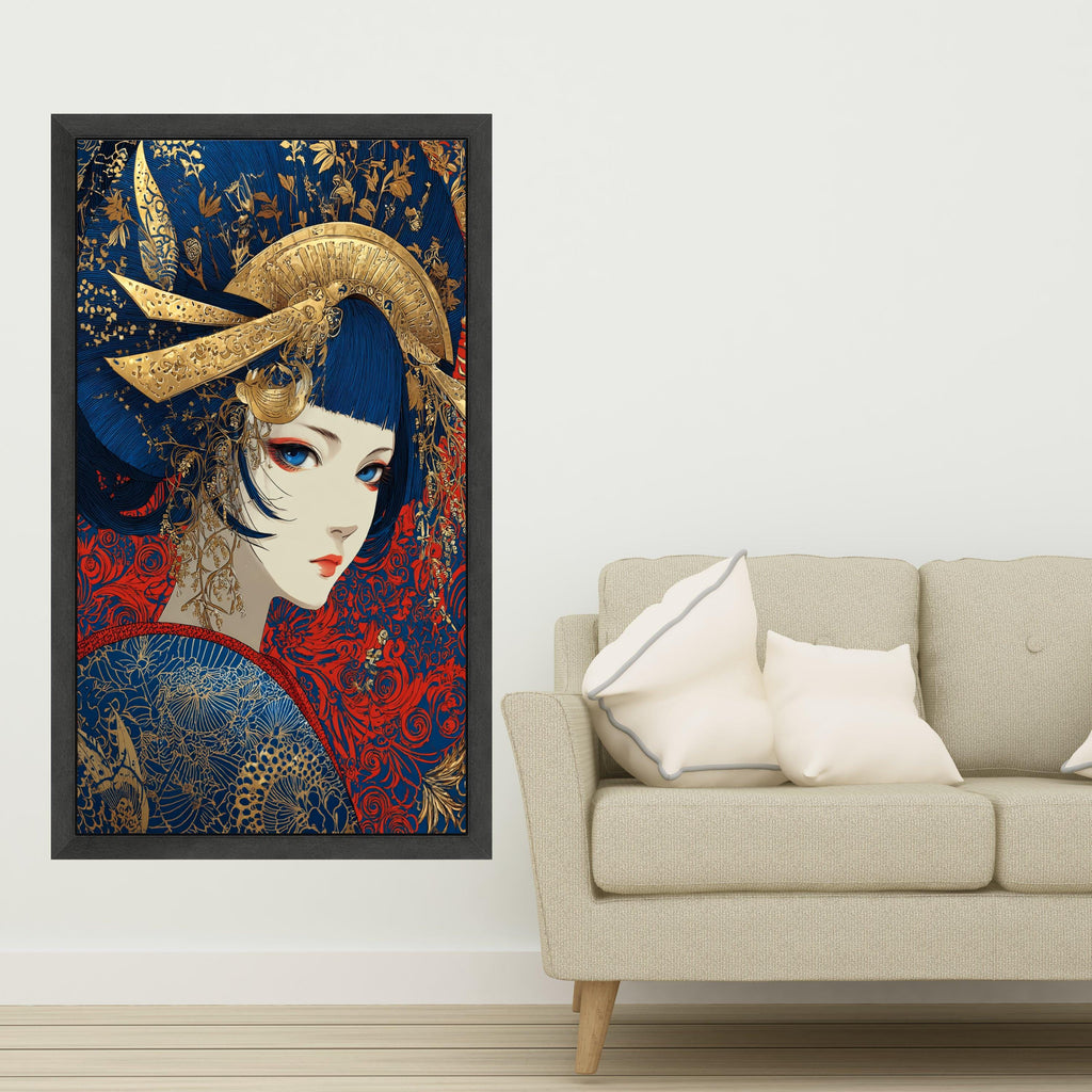 Elegant Geisha Portrait Canvas, Asian Art Wall Decor, Blue and Gold Japanese Style, Modern Oriental Canvas Wall Art, Home Decoration