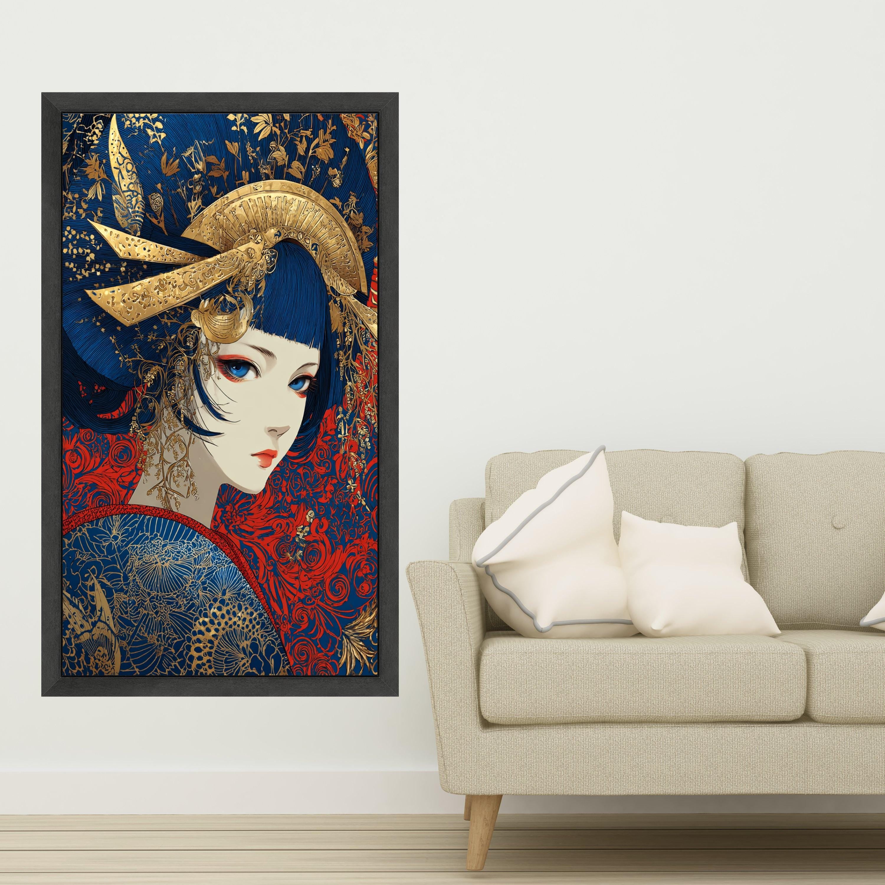 Elegant Geisha Portrait Canvas, Asian Art Wall Decor, Blue and Gold Japanese Style, Modern Oriental Canvas Wall Art, Home Decoration