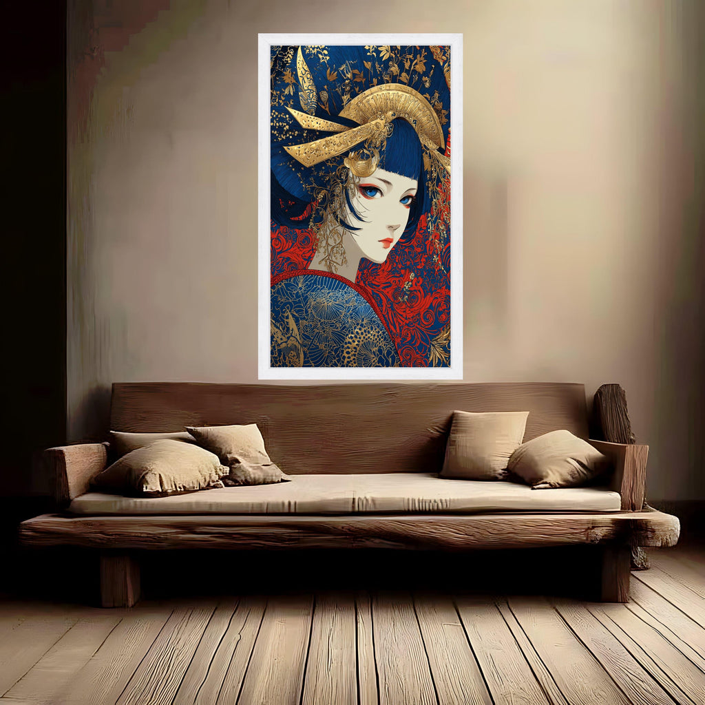 Elegant Geisha Portrait Canvas, Asian Art Wall Decor, Blue and Gold Japanese Style, Modern Oriental Canvas Wall Art, Home Decoration