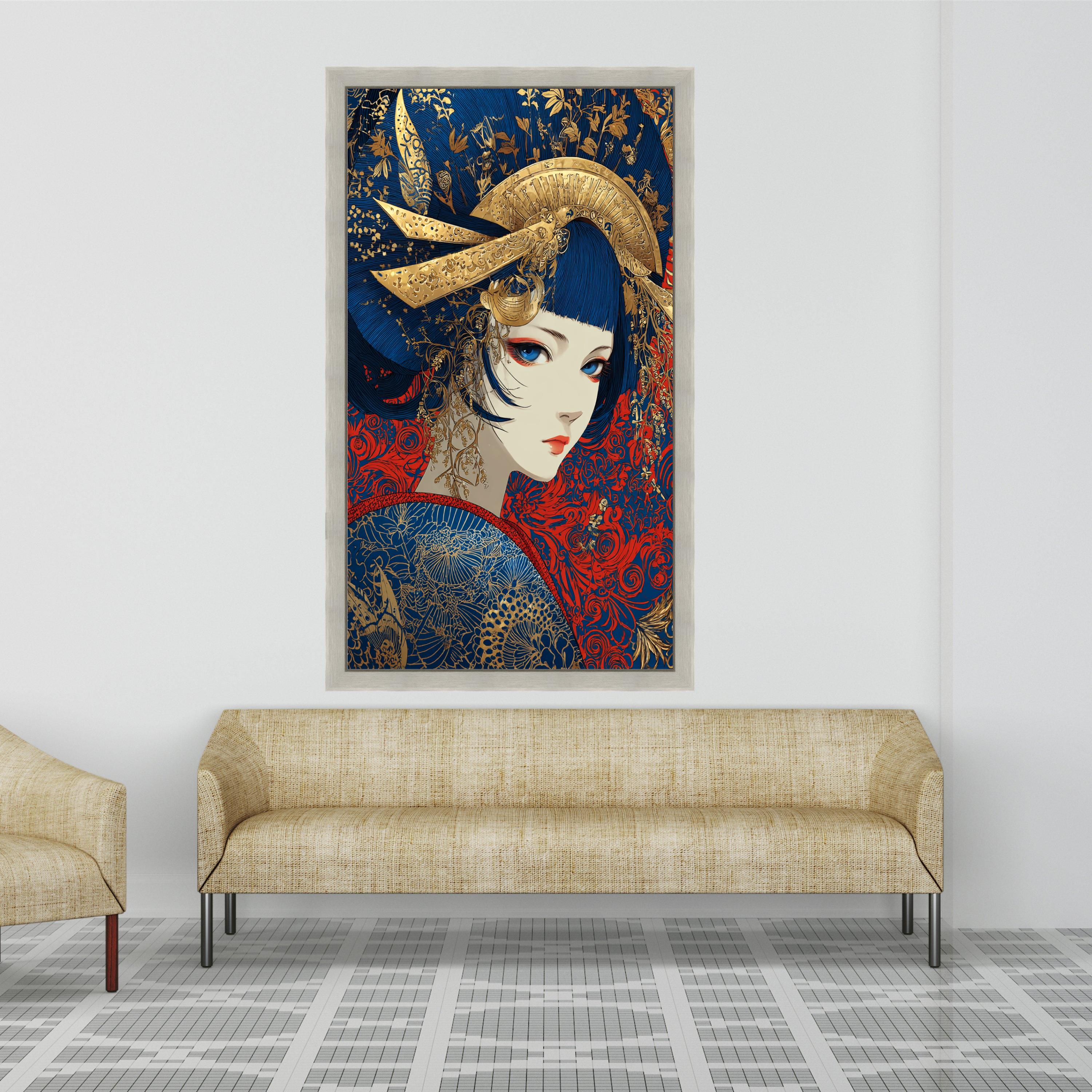 Elegant Geisha Portrait Canvas, Asian Art Wall Decor, Blue and Gold Japanese Style, Modern Oriental Canvas Wall Art, Home Decoration