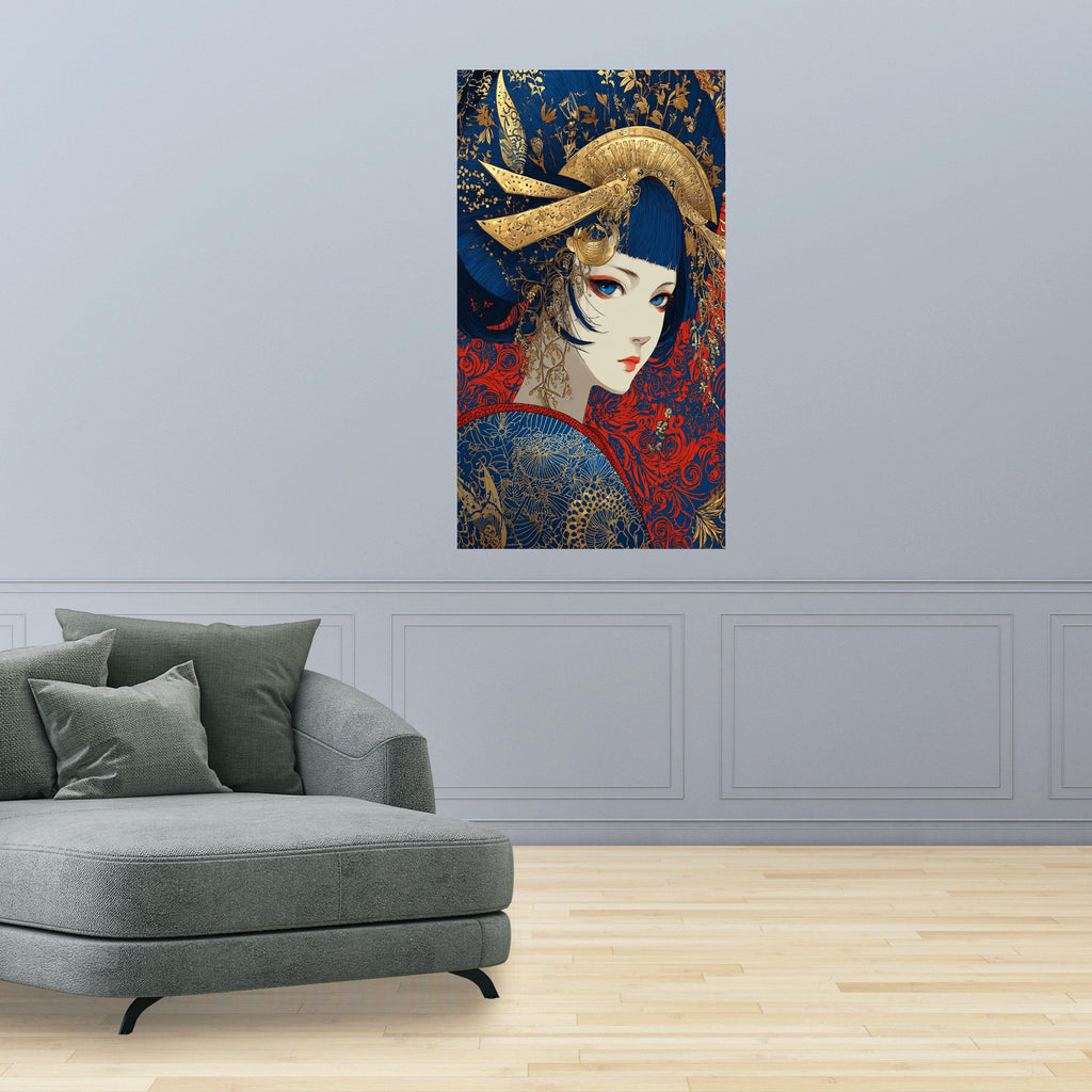 Elegant Geisha Portrait Canvas, Asian Art Wall Decor, Blue and Gold Japanese Style, Modern Oriental Canvas Wall Art, Home Decoration