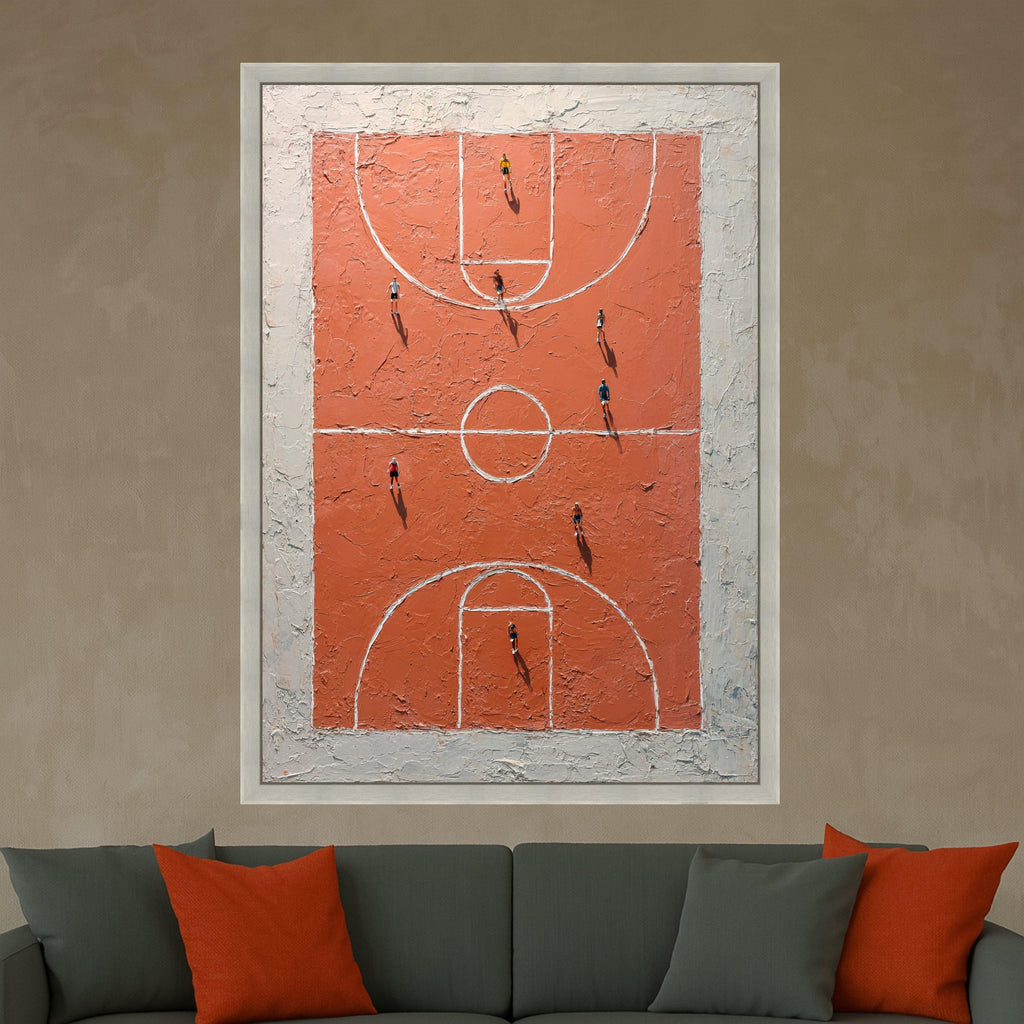 Basketball Court Aerial View Canvas, Sports Wall Art, Urban Game Scene Canvas, Abstract Court Art, Home Decor for Sports Fans
