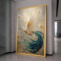 Golden White Phoenix Canvas Wall Art, Mythical Bird Illustration, Blue Tail Feather Painting, Fantasy Home Decor, Ready to Hang Wall Art