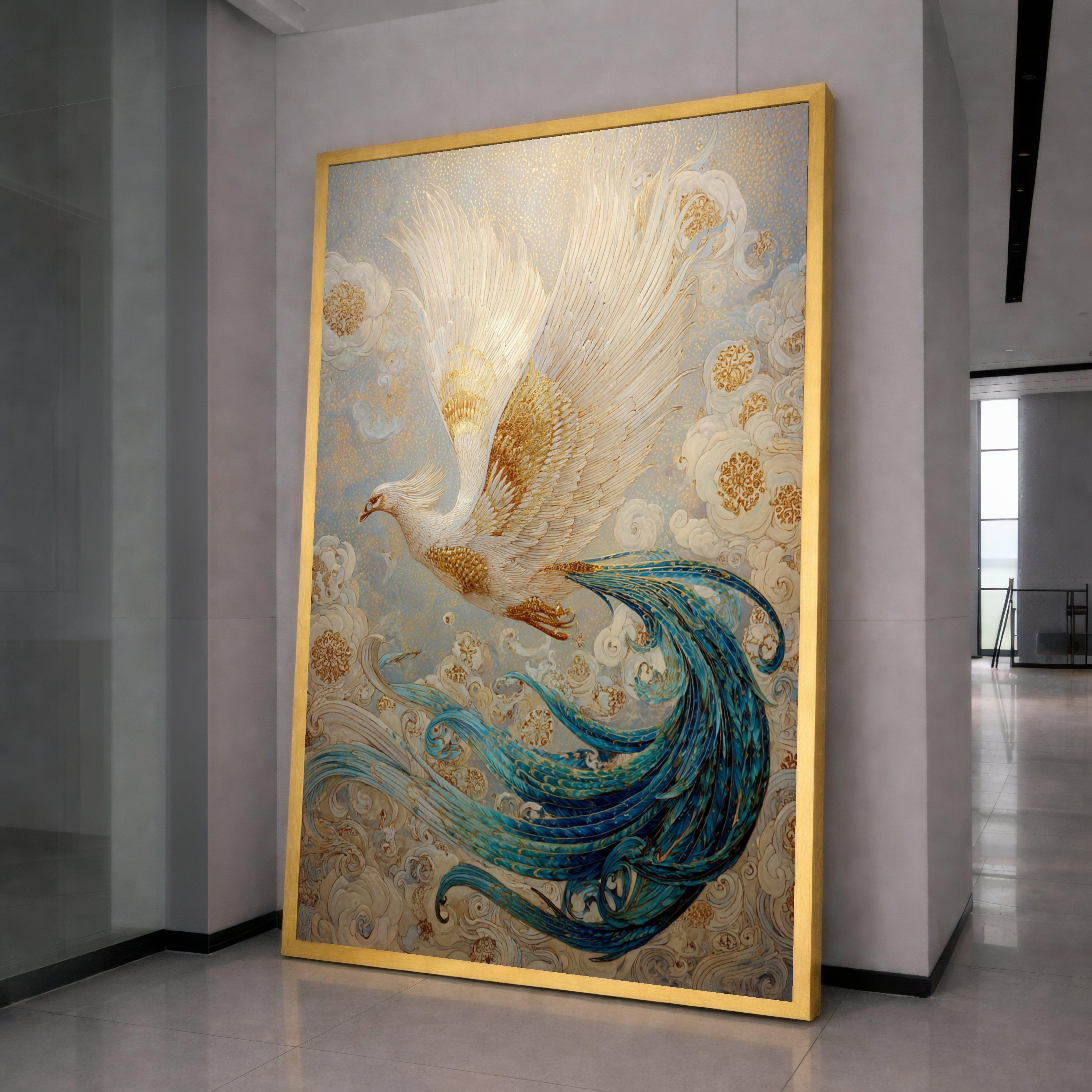 Golden White Phoenix Canvas Wall Art, Mythical Bird Illustration, Blue Tail Feather Painting, Fantasy Home Decor, Ready to Hang Wall Art