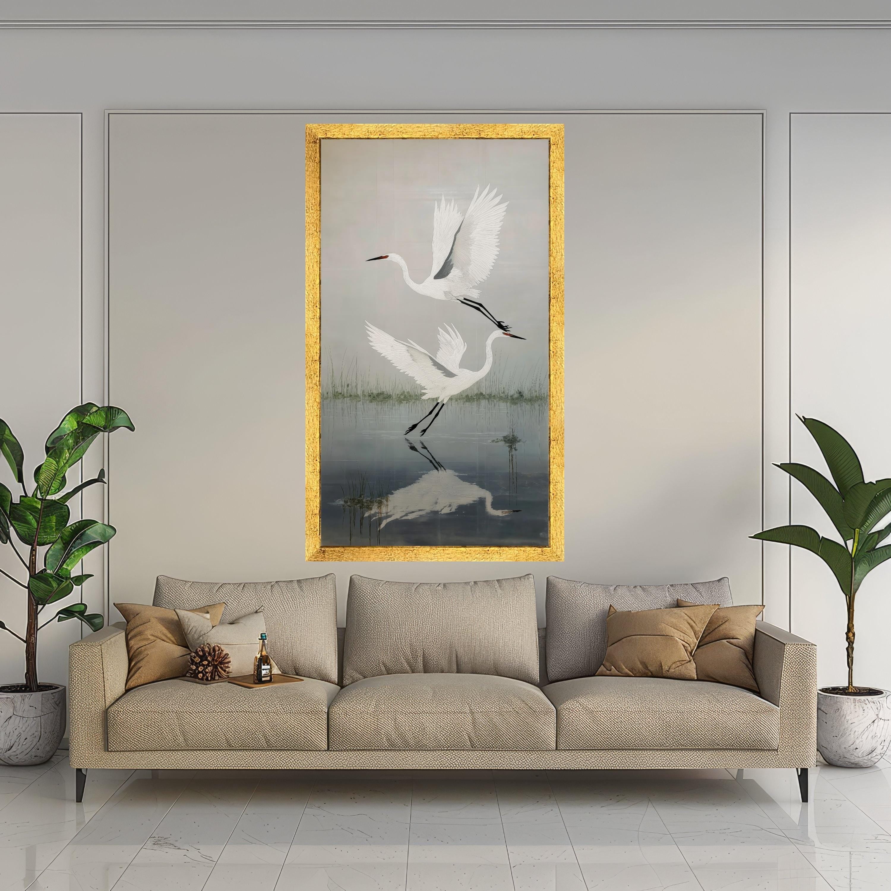 Elegant White Herons Flying Canvas, Nature Bird Wall Art, Water Reflection Decor, Tranquil Wetlands Scene, Wildlife Canvas Painting
