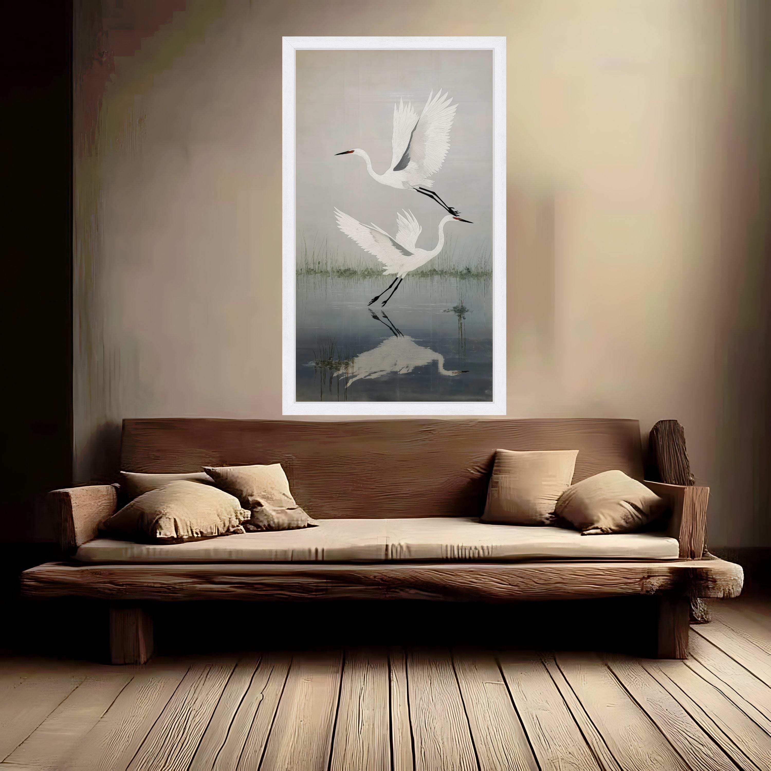 Elegant White Herons Flying Canvas, Nature Bird Wall Art, Water Reflection Decor, Tranquil Wetlands Scene, Wildlife Canvas Painting