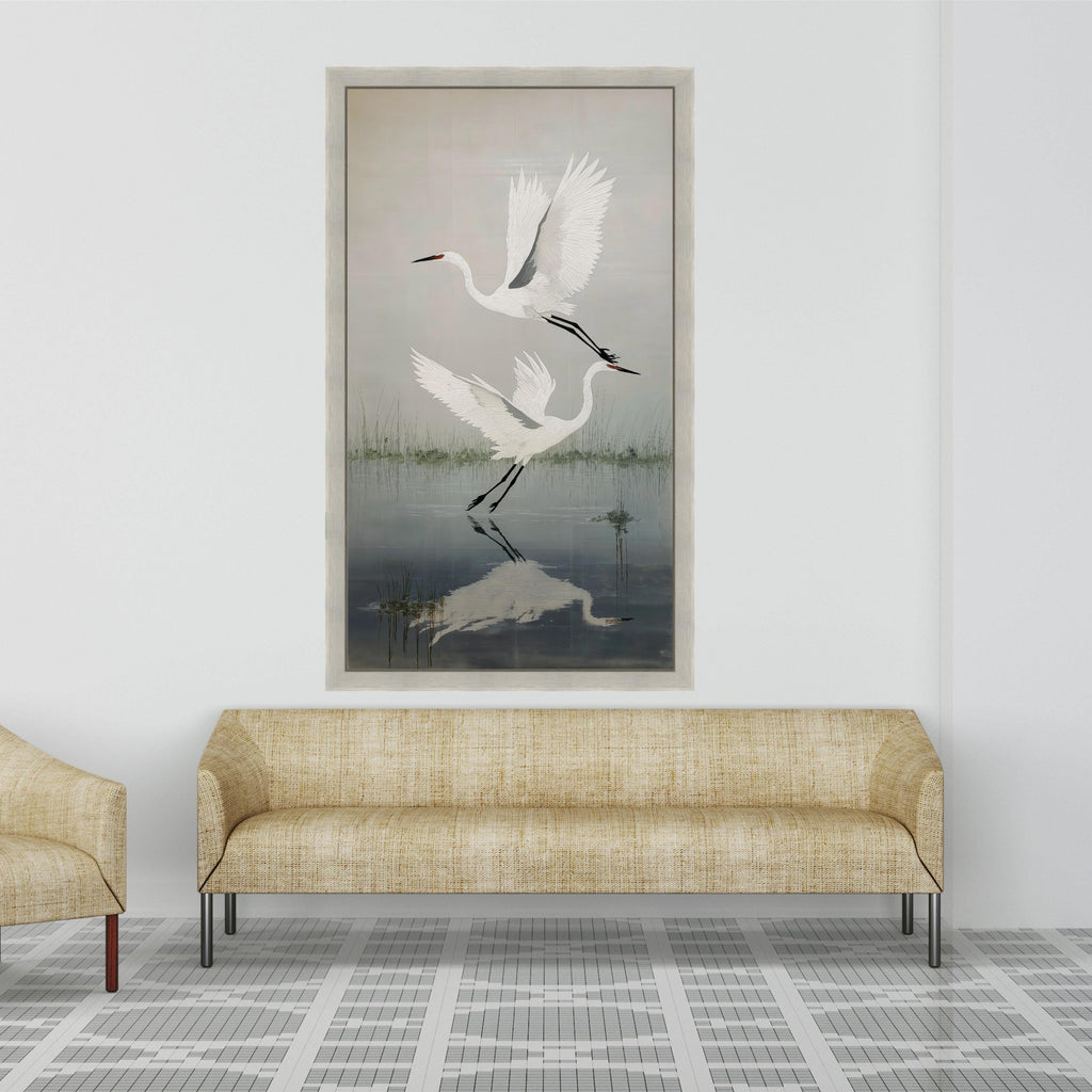 Elegant White Herons Flying Canvas, Nature Bird Wall Art, Water Reflection Decor, Tranquil Wetlands Scene, Wildlife Canvas Painting