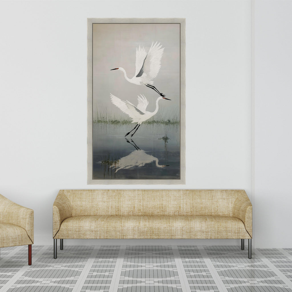 Elegant White Herons Flying Canvas, Nature Bird Wall Art, Water Reflection Decor, Tranquil Wetlands Scene, Wildlife Canvas Painting