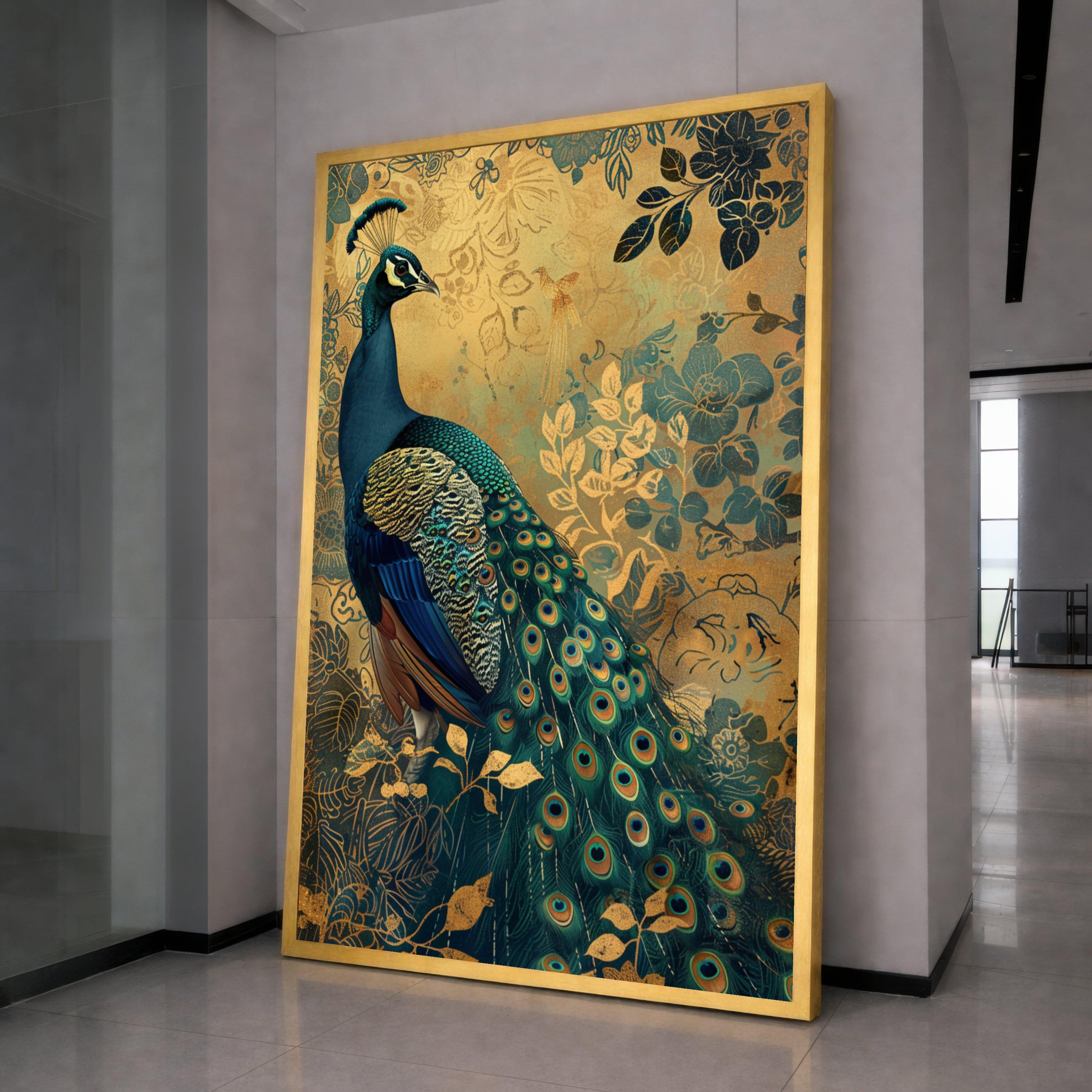 Majestic Peacock Canvas Wall Art, Ornate Feather Detail, Gold Floral Background, Elegant Nature Artwork, Decorative Bird Painting