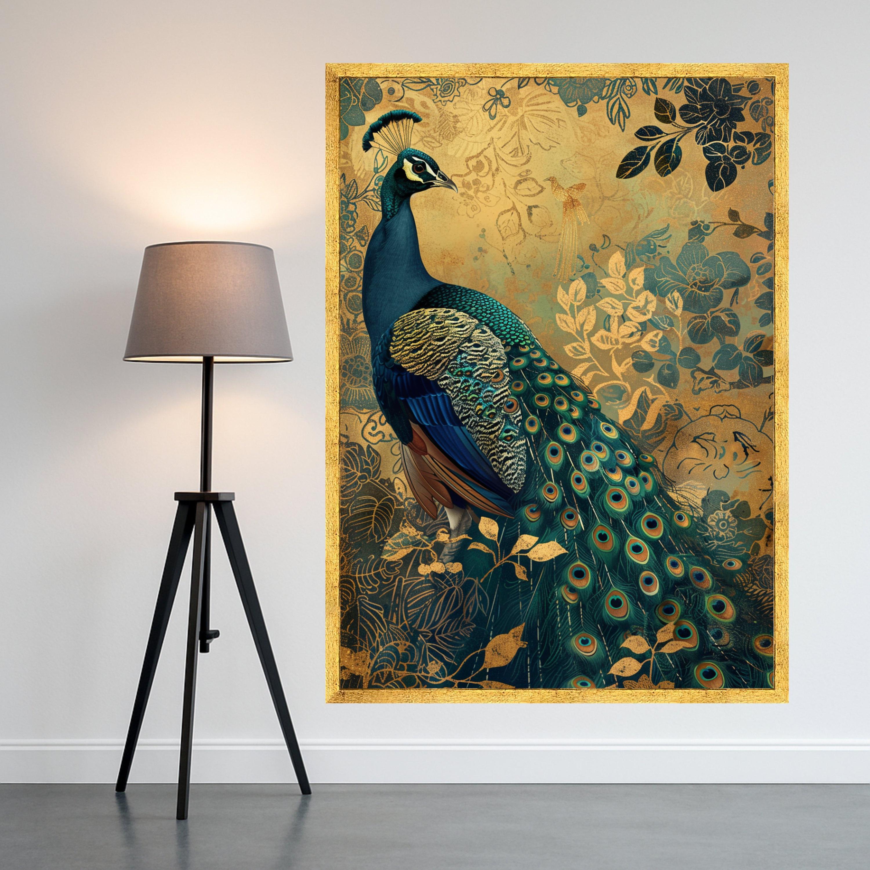 Majestic Peacock Canvas Wall Art, Ornate Feather Detail, Gold Floral Background, Elegant Nature Artwork, Decorative Bird Painting