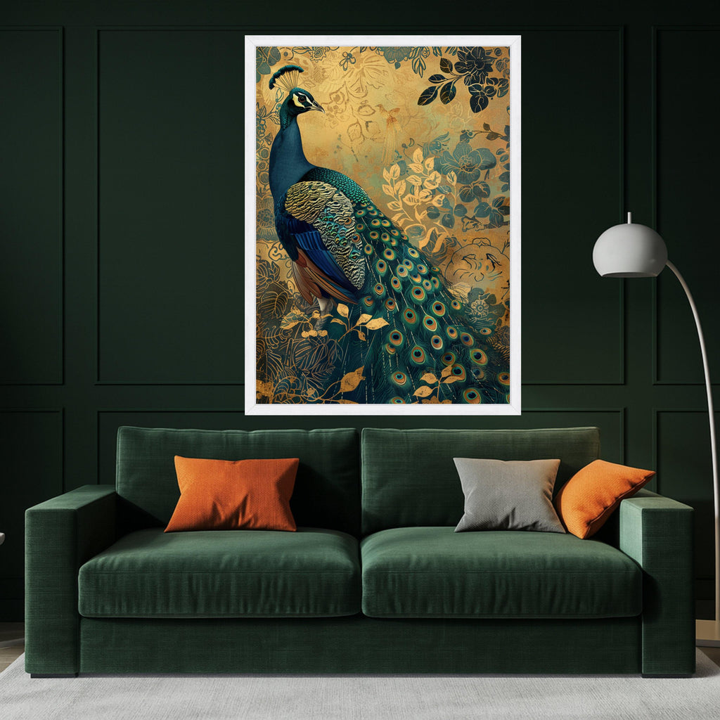 Majestic Peacock Canvas Wall Art, Ornate Feather Detail, Gold Floral Background, Elegant Nature Artwork, Decorative Bird Painting