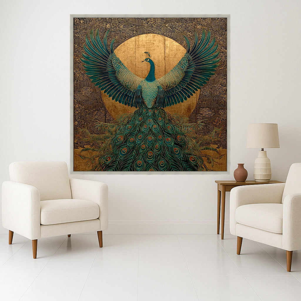 Majestic Peacock with Golden Sun, Elegant Feather Canvas Wall Art, Luxury Home Decor, Ornate Bird Illustration, Ready to Hang Artwork