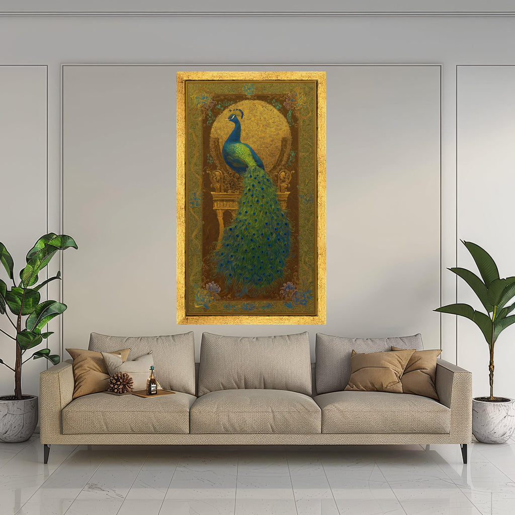 Majestic Peacock Canvas Wall Art, Golden Ornate Frame Design, Exotic Bird Feather Decor, Luxury Home Decoration, Ready to Hang Canvas