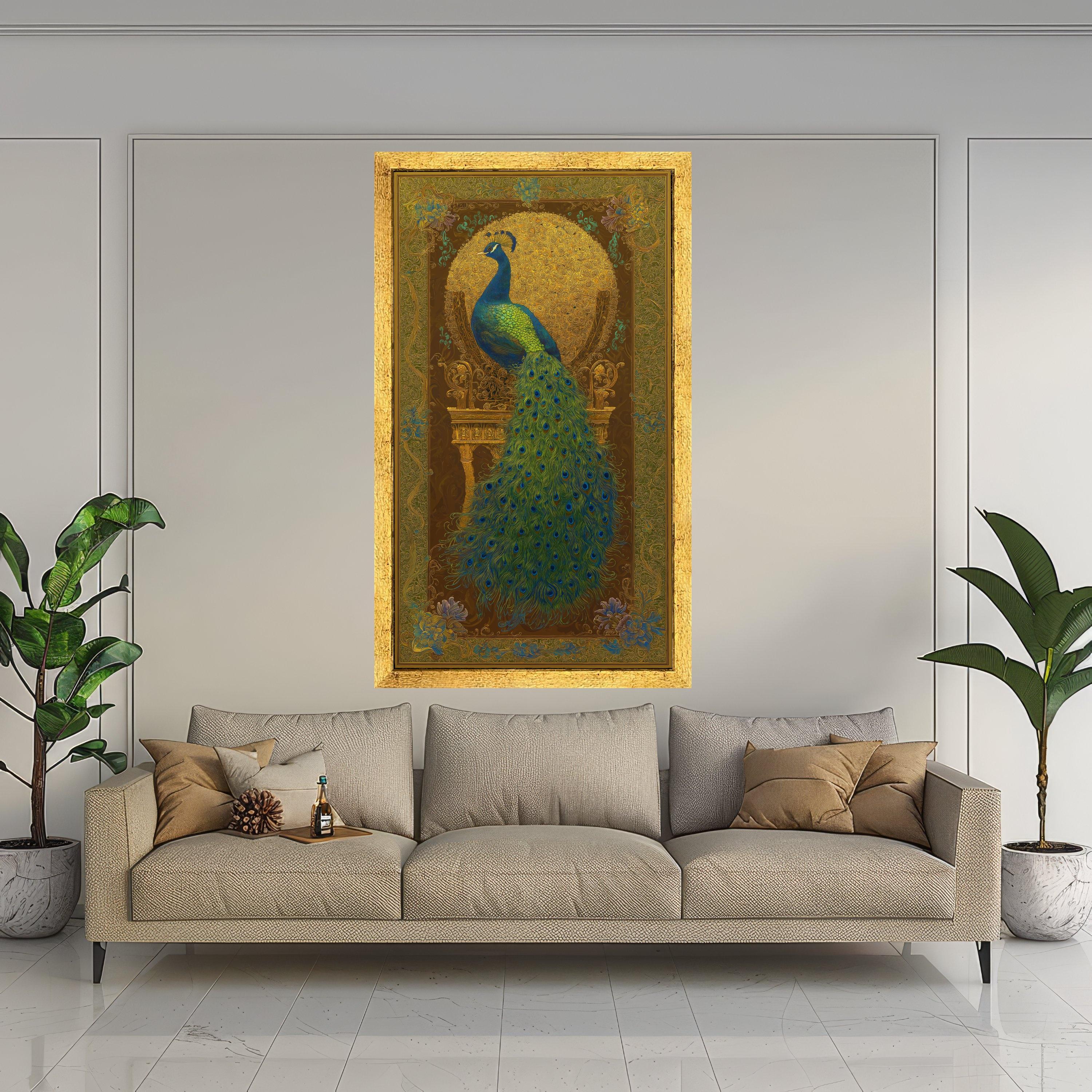 Majestic Peacock Canvas Wall Art, Golden Ornate Frame Design, Exotic Bird Feather Decor, Luxury Home Decoration, Ready to Hang Canvas
