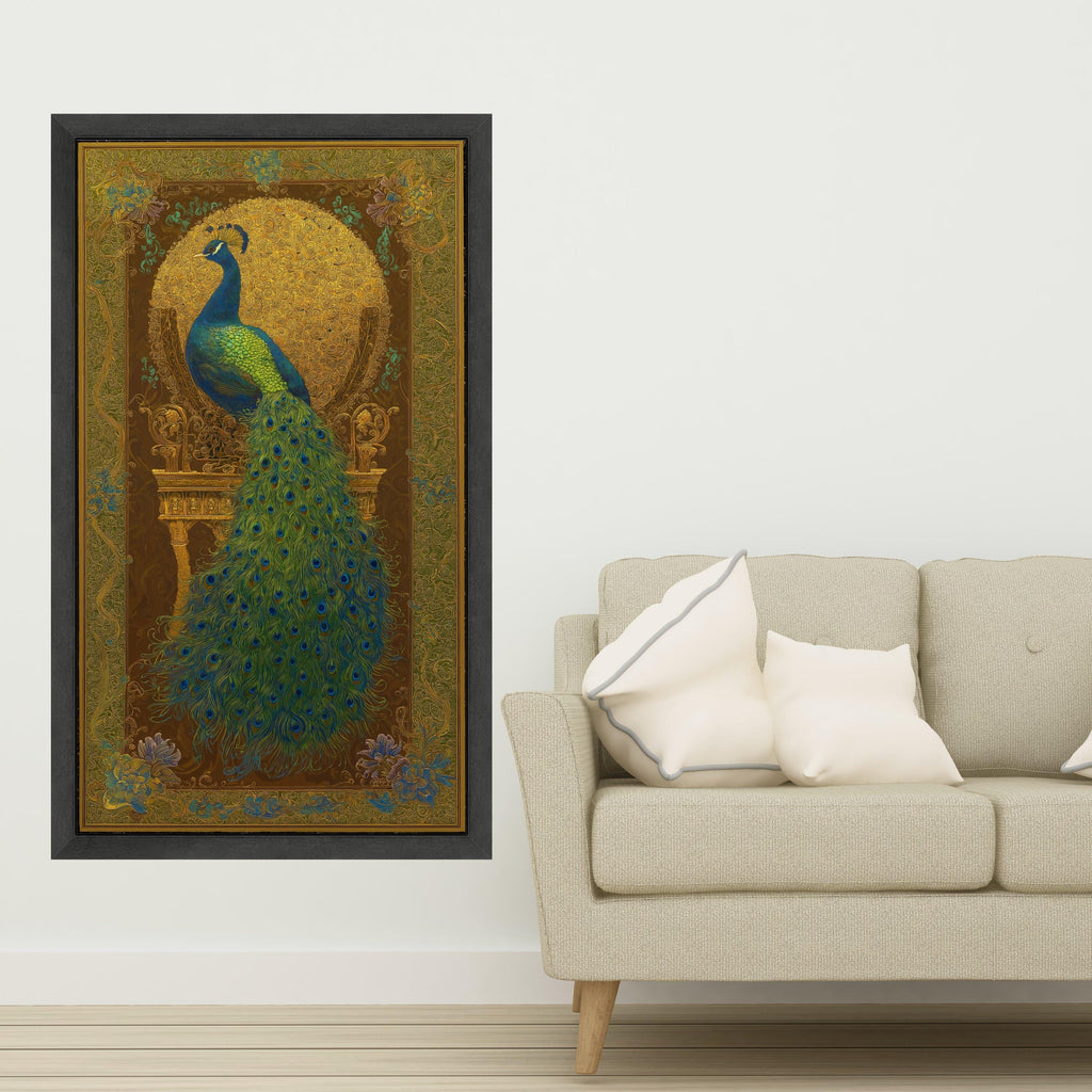 Majestic Peacock Canvas Wall Art, Golden Ornate Frame Design, Exotic Bird Feather Decor, Luxury Home Decoration, Ready to Hang Canvas