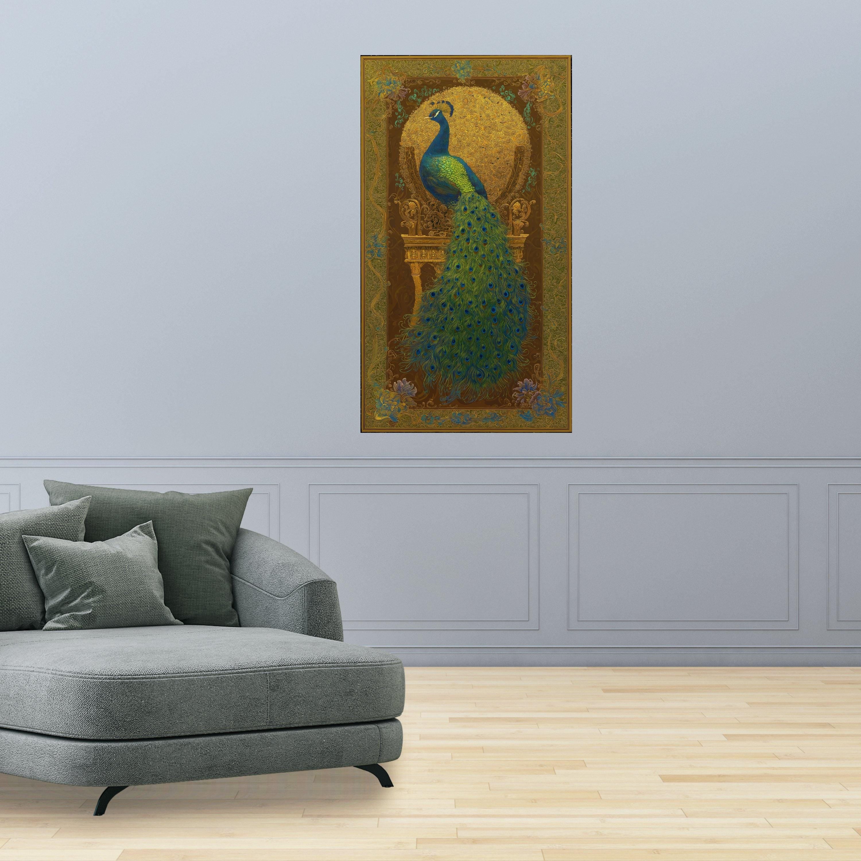 Majestic Peacock Canvas Wall Art, Golden Ornate Frame Design, Exotic Bird Feather Decor, Luxury Home Decoration, Ready to Hang Canvas