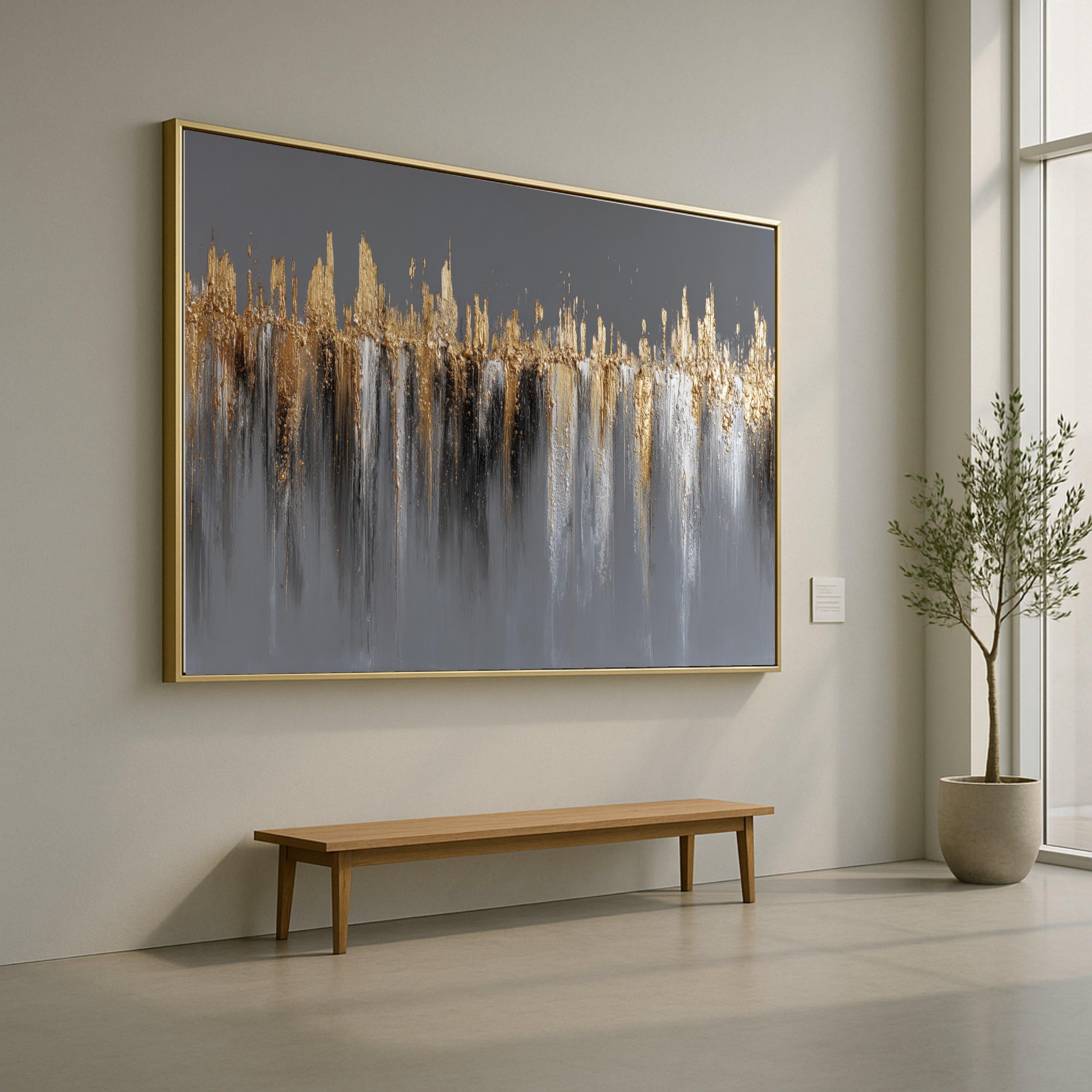 Modern Abstract Gold Canvas, Metallic Wall Art, Neutral Grey Background, Contemporary Home Decor, Luxury Canvas Painting