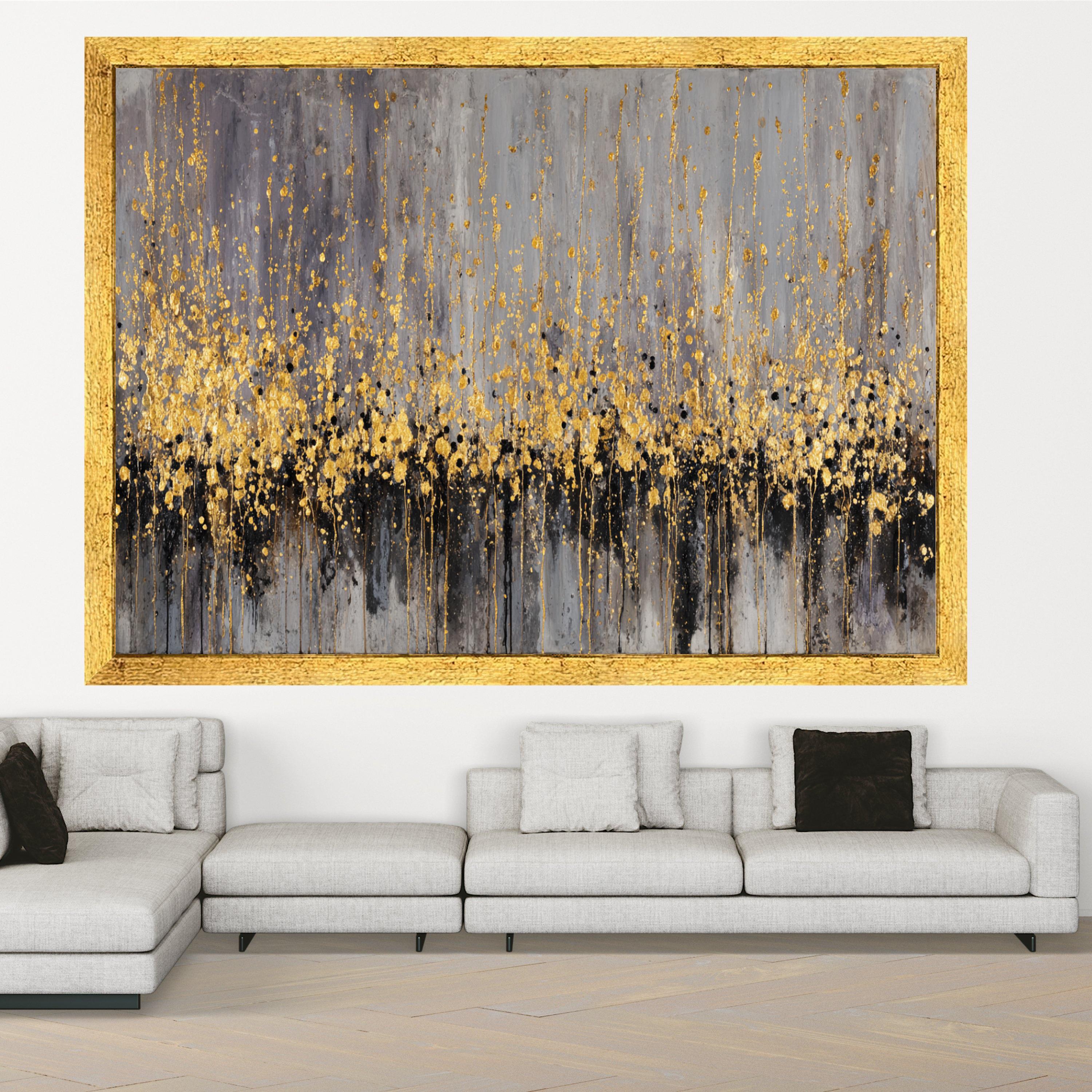Abstract Gold Splatter Canvas, Modern Metallic Wall Art, Gray Black Accent, Home Decoration, Contemporary Canvas Painting
