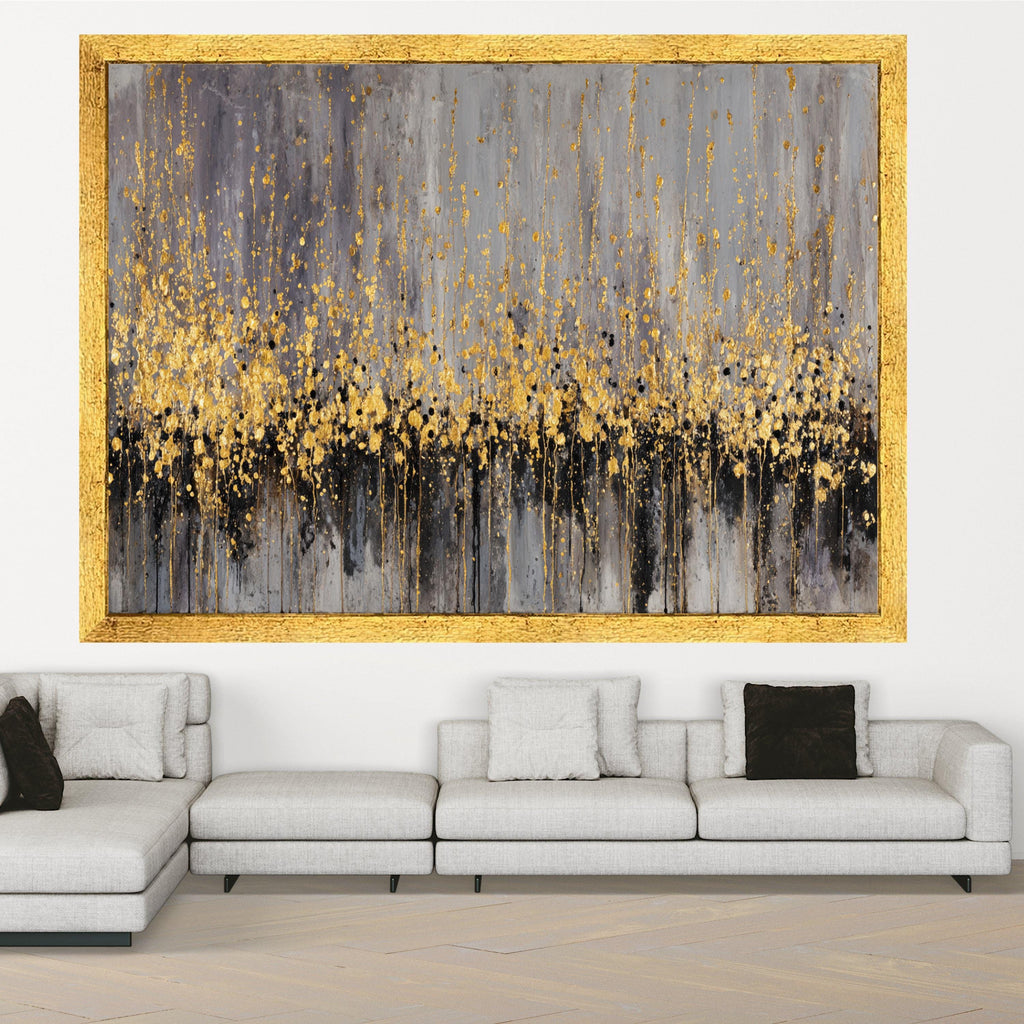 Abstract Gold Splatter Canvas, Modern Metallic Wall Art, Gray Black Accent, Home Decoration, Contemporary Canvas Painting