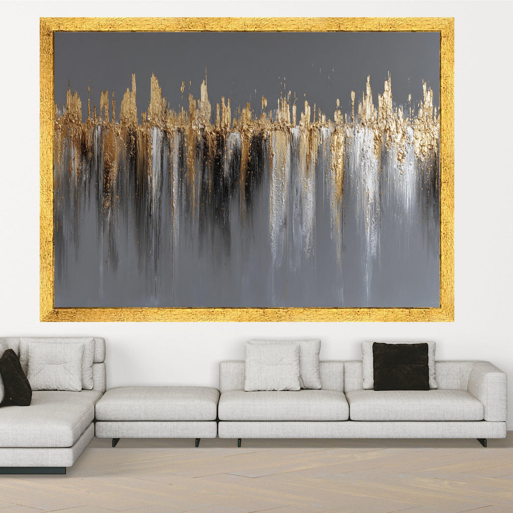Modern Abstract Gold Canvas, Metallic Wall Art, Neutral Grey Background, Contemporary Home Decor, Luxury Canvas Painting