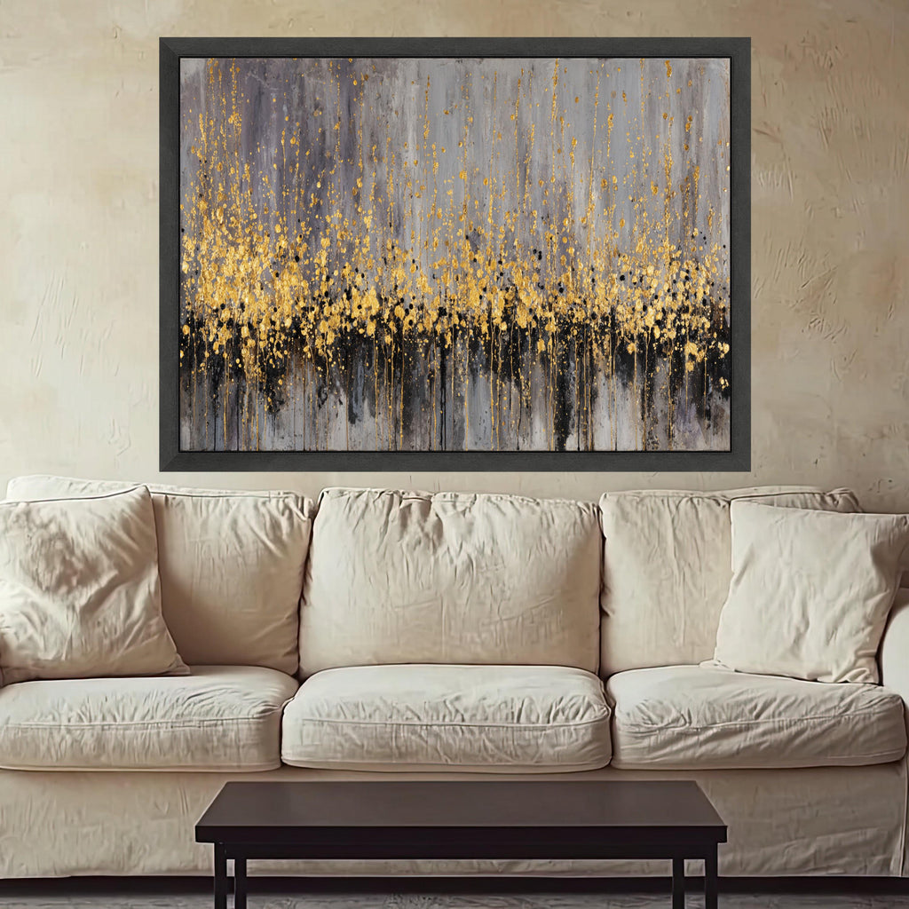 Abstract Gold Splatter Canvas, Modern Metallic Wall Art, Gray Black Accent, Home Decoration, Contemporary Canvas Painting