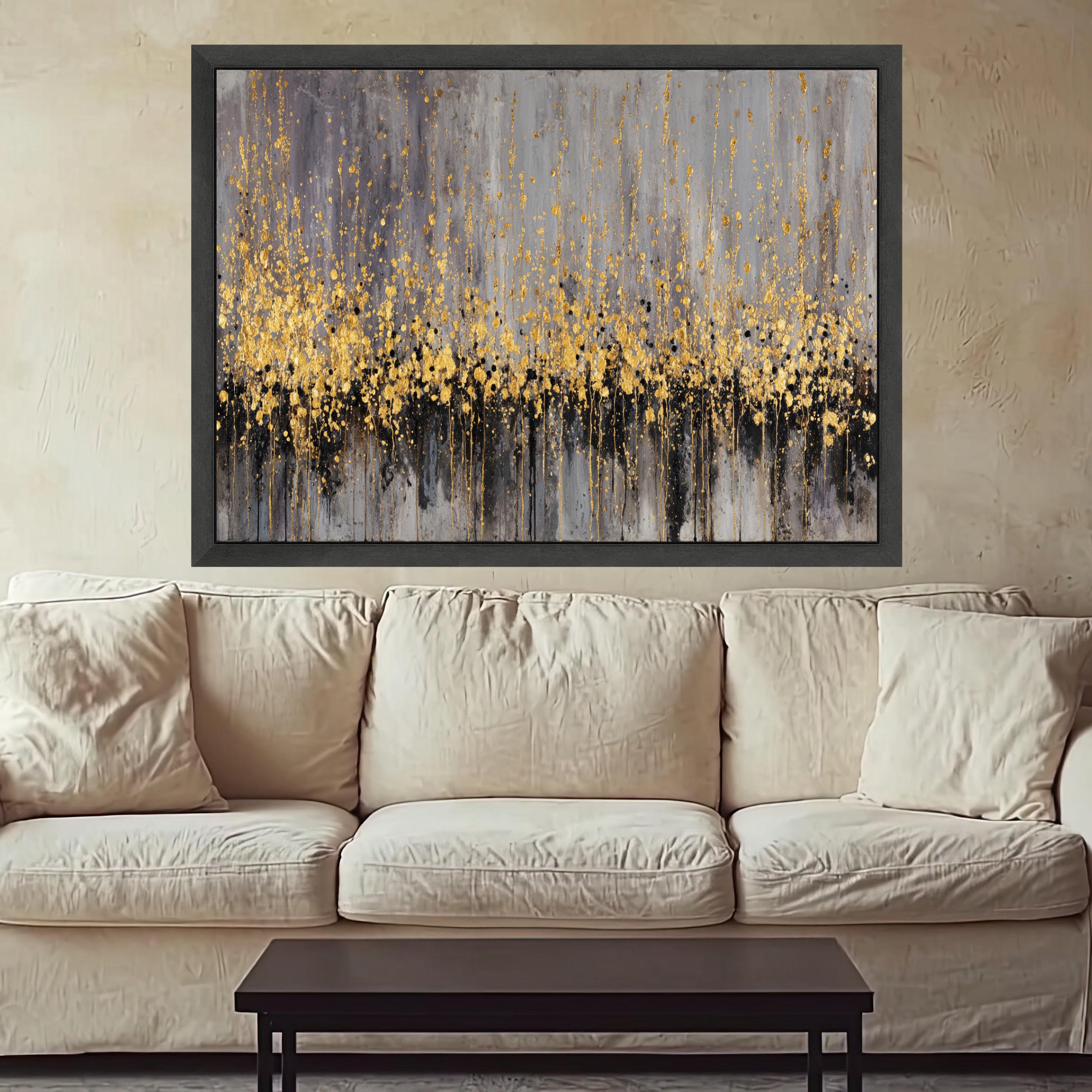 Abstract Gold Splatter Canvas, Modern Metallic Wall Art, Gray Black Accent, Home Decoration, Contemporary Canvas Painting