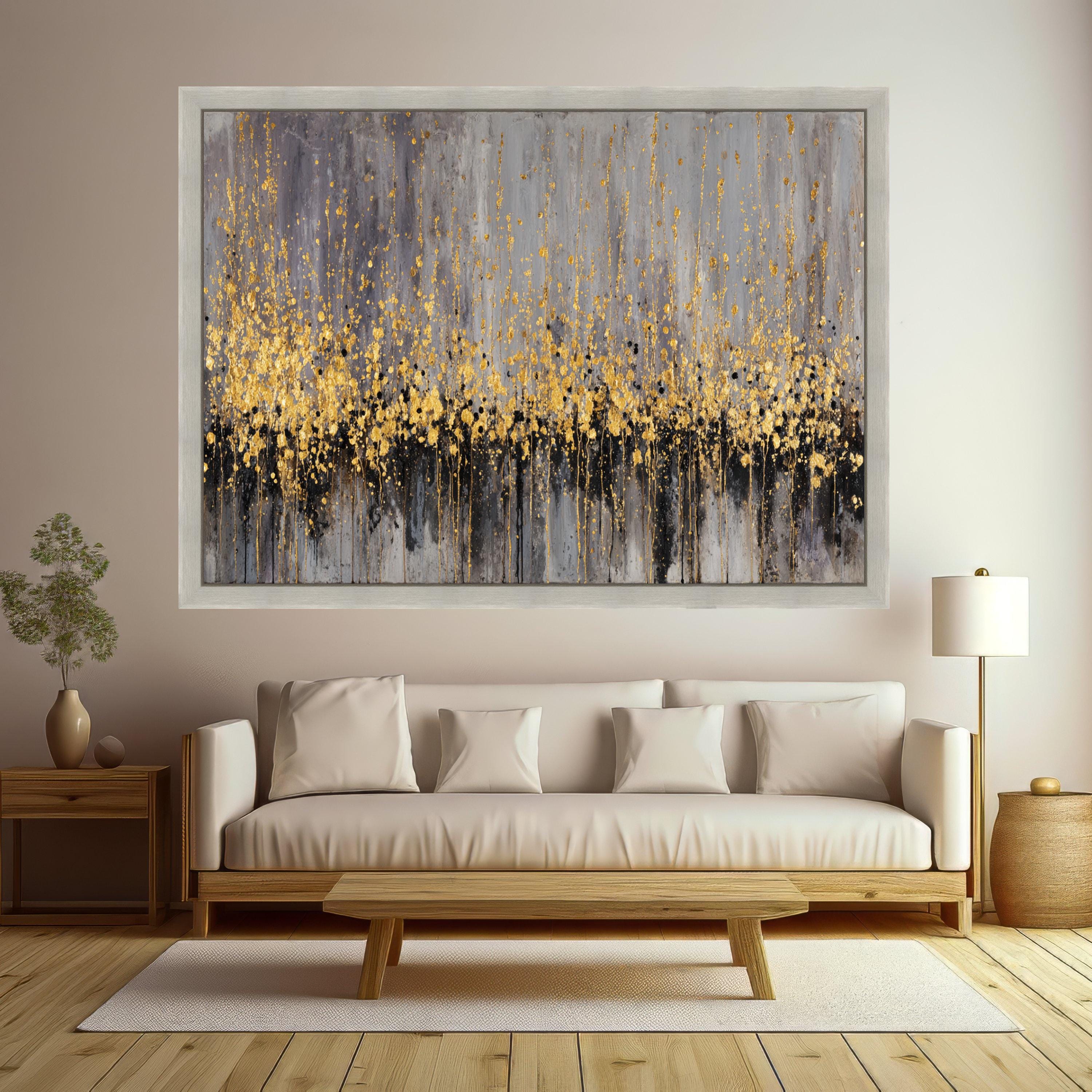 Abstract Gold Splatter Canvas, Modern Metallic Wall Art, Gray Black Accent, Home Decoration, Contemporary Canvas Painting