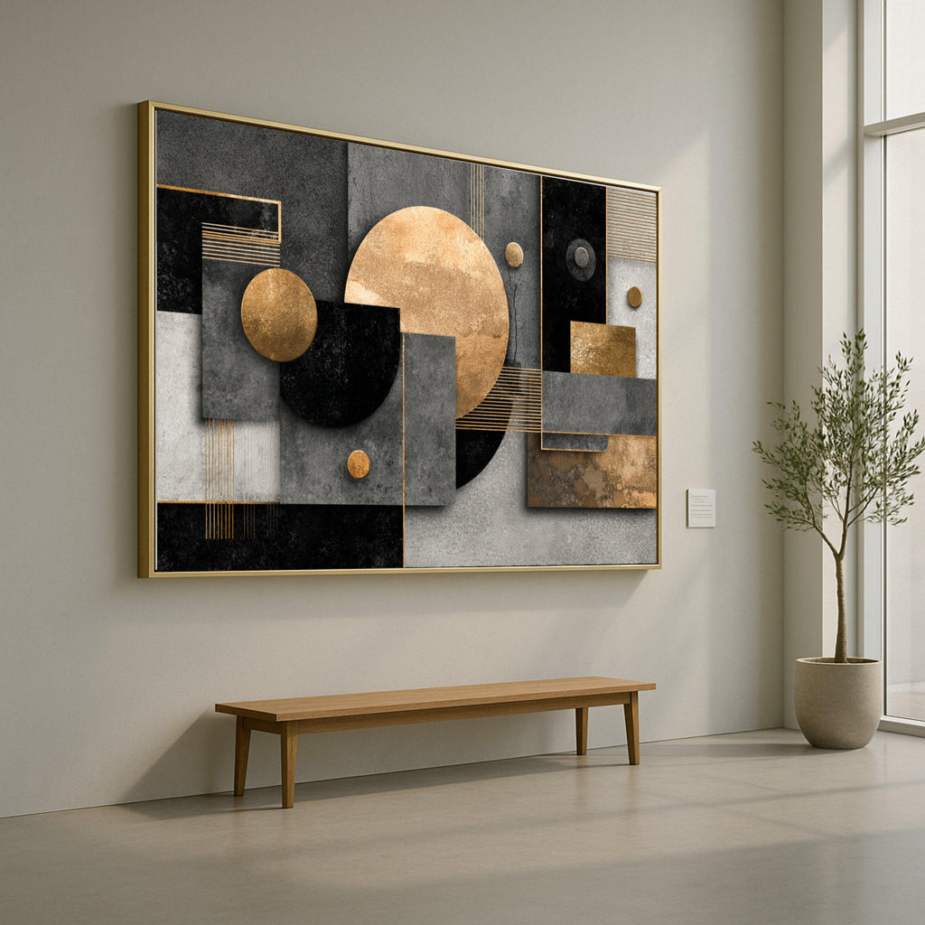 Modern Geometric Abstract Canvas Wall Art, Gold and Black Shapes, Minimalist Home Decor, Metallic Accents, Contemporary Canvas Design