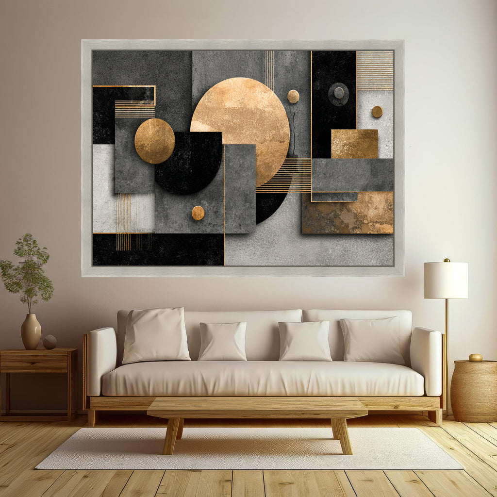 Modern Geometric Abstract Canvas, Gold and Black Wall Art, Contemporary Shapes Design, Minimalist Home Decor, Metallic Canvas