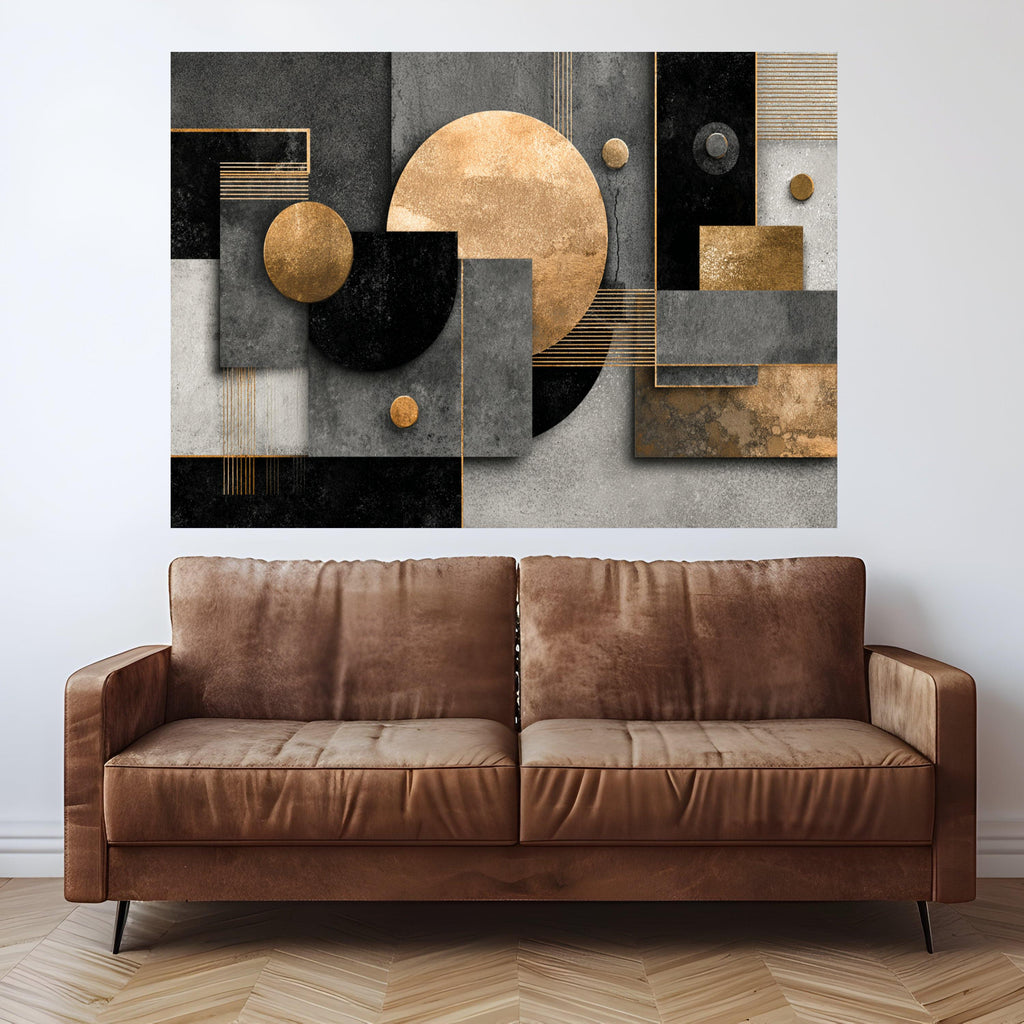 Modern Geometric Abstract Canvas, Gold and Black Wall Art, Contemporary Shapes Design, Minimalist Home Decor, Metallic Canvas